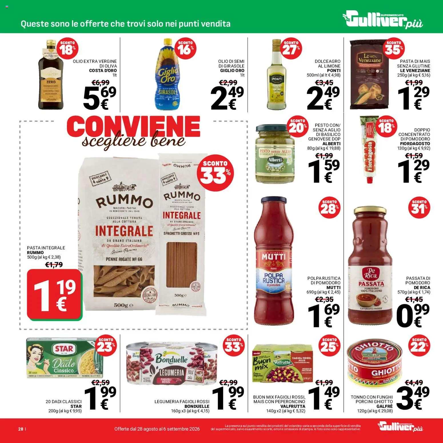Volantino Gulliver del 28/08/2026 | Pagina: 28 | Prodotti: Olio, Pasta, Basilico, Mutti passata
