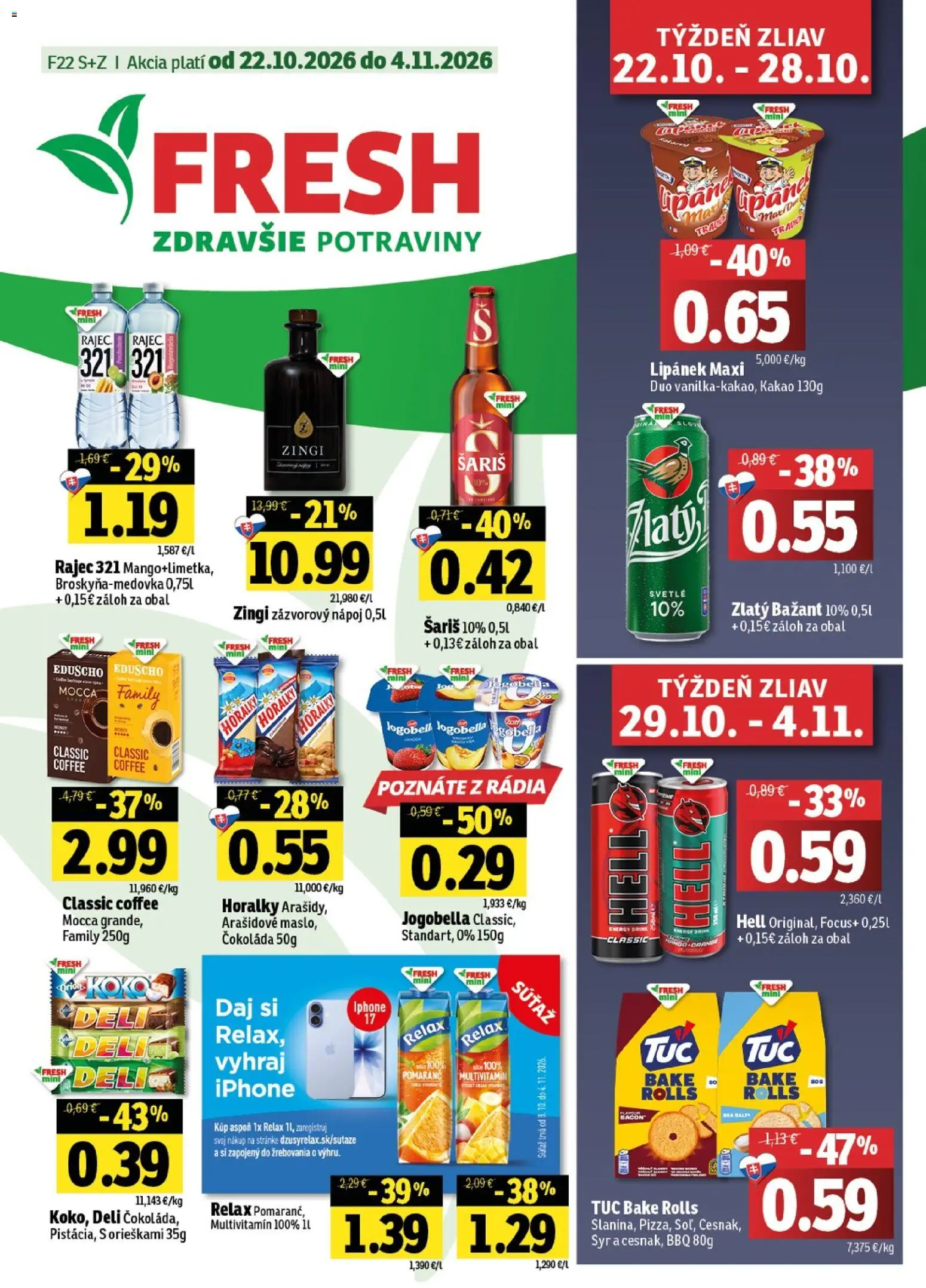 Nové Fresh akcie – leták je platný od 22.10.2026 | Strana: 1 | Produkty: Multivitamín, Zlatý Bažant, Iphone, Mango
