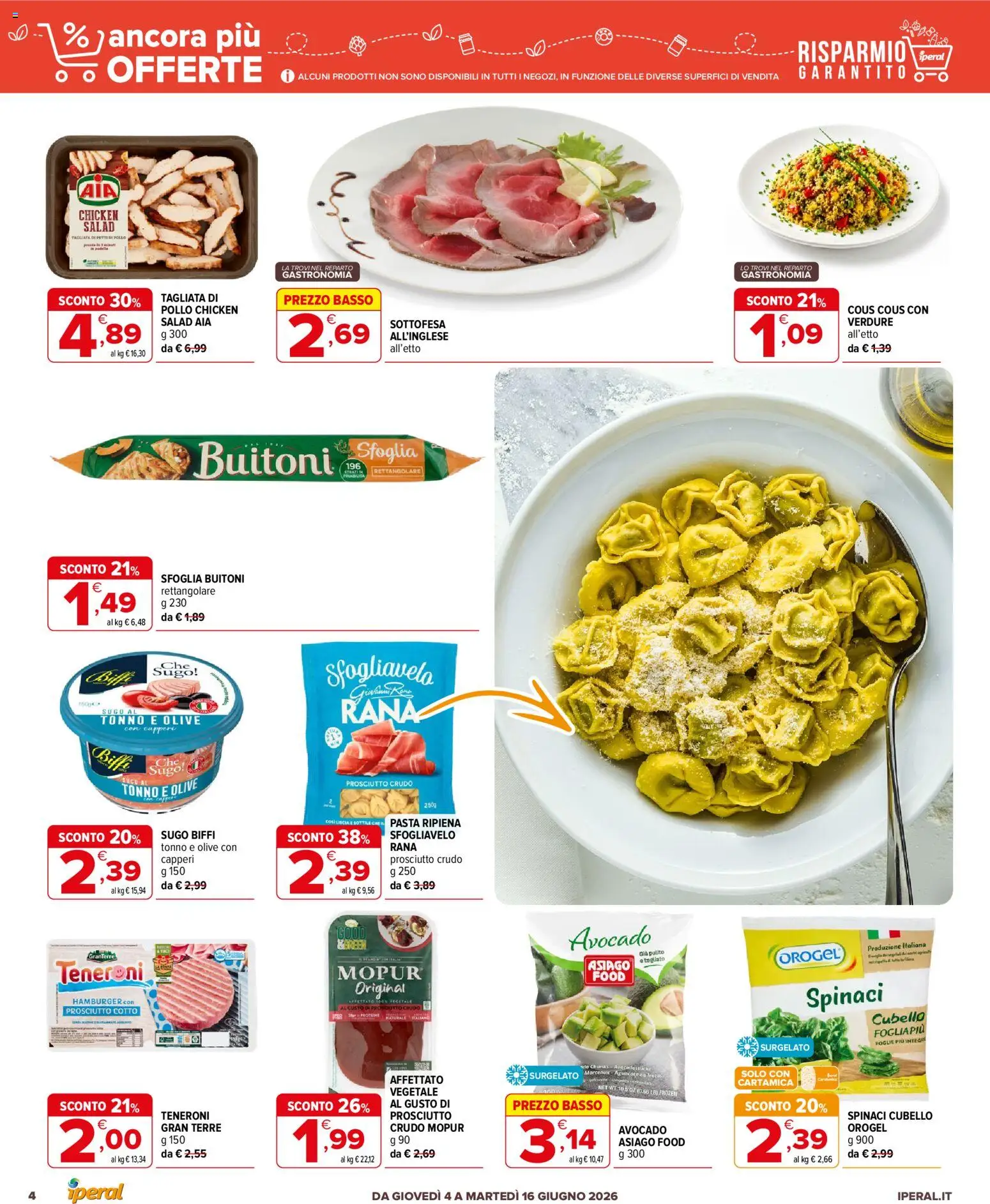 Volantino Iperal del 04.06.2026 | Pagina: 4 | Prodotti: Avocado, Prosciutto, Tonno, Hamburger
