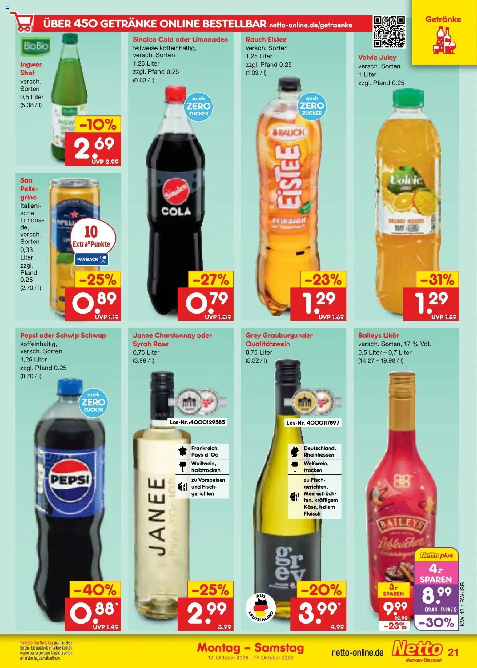 Netto Marken-Discount Prospekt Bielefeld (ab 12.10.2026) » Angebote | Seite: 25 | Produkte: Sinalco, Schwip schwap, Baileys, Pepsi