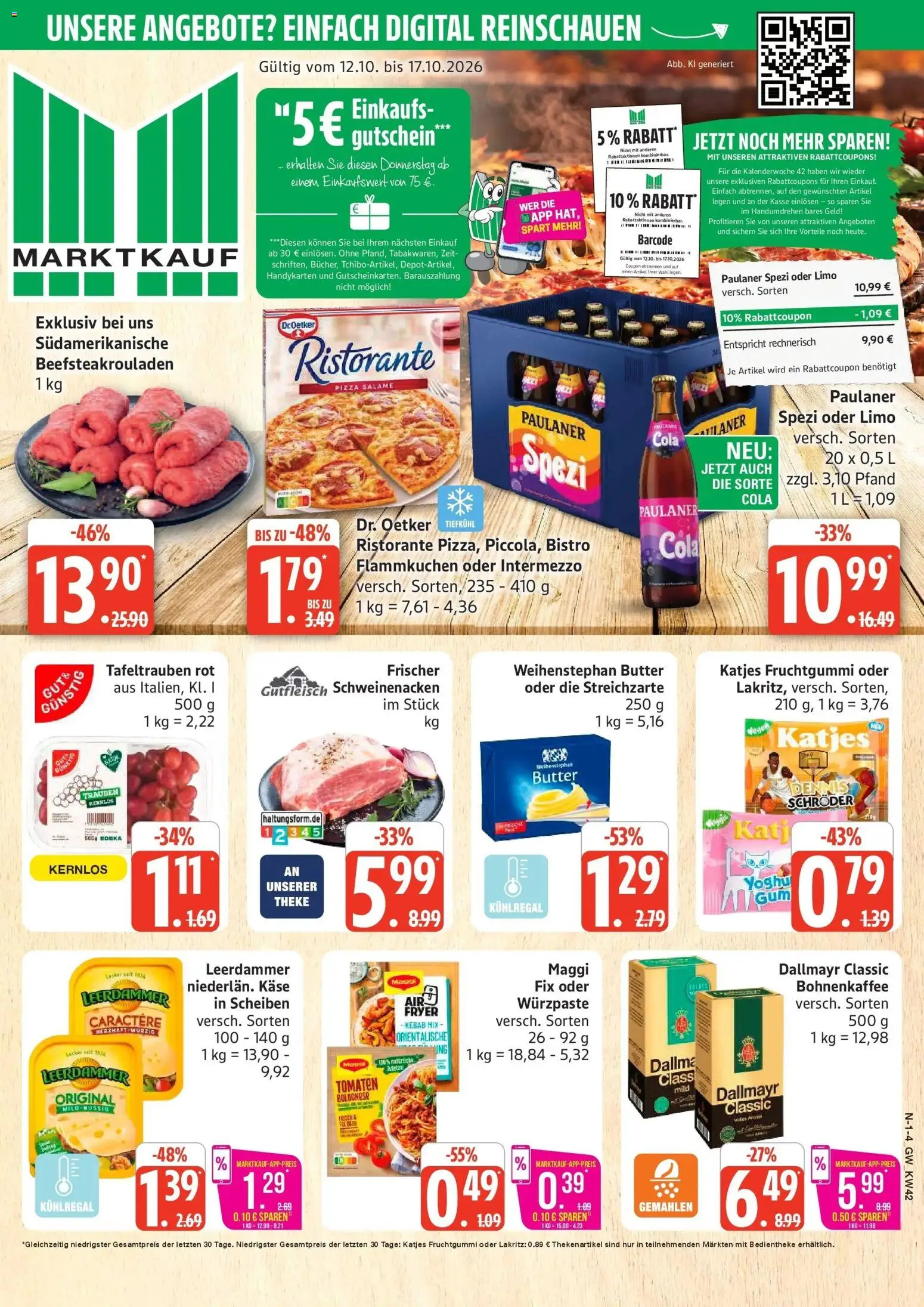 Marktkauf Prospekt Neuenkirchen (ab 12.10.2026) » Angebote online | Seite: 1 | Produkte: Käse, Trauben, Paulaner spezi, Leerdammer