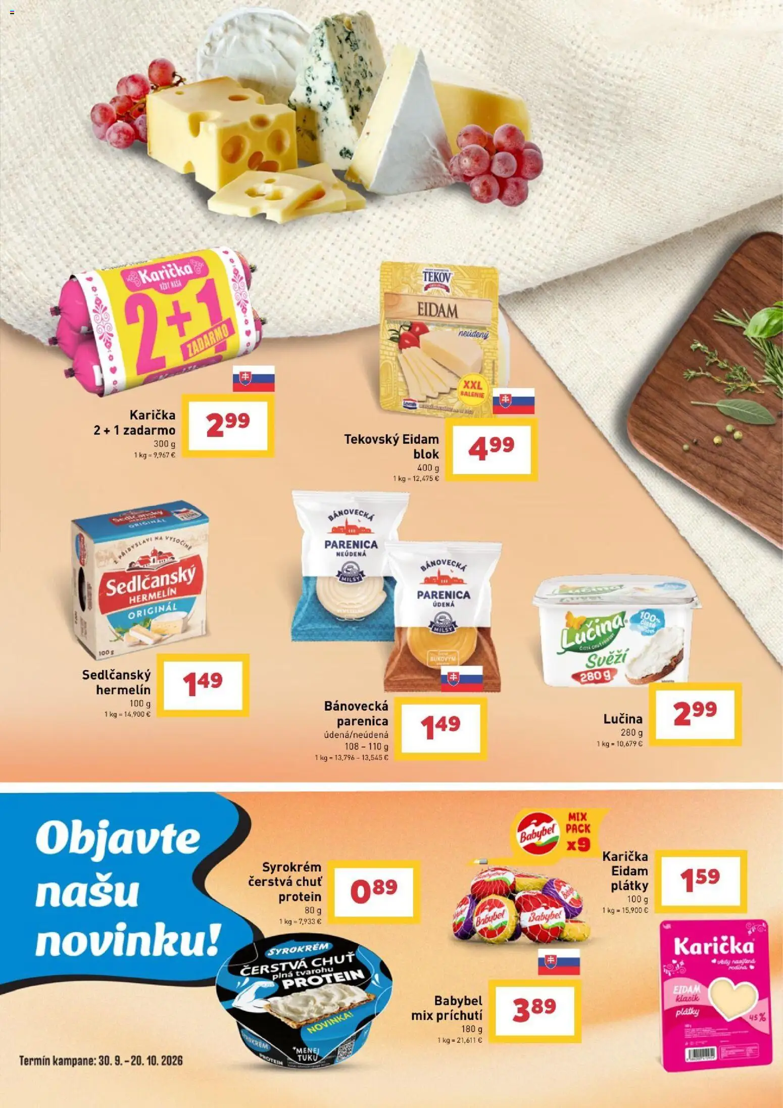 Nové Billa akcie – leták je platný od 30.09.2026 | Strana: 5 | Produkty: Eidam, Protein, Hermelín