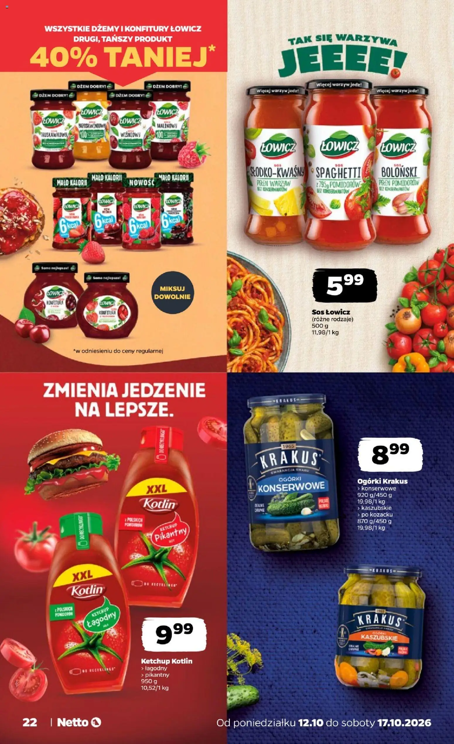 Netto gazetka od poniedziałku od 12.10.2026 | Strona: 22 | Produkty: Spaghetti, Ketchup, Ketchup kotlin, Warzywa