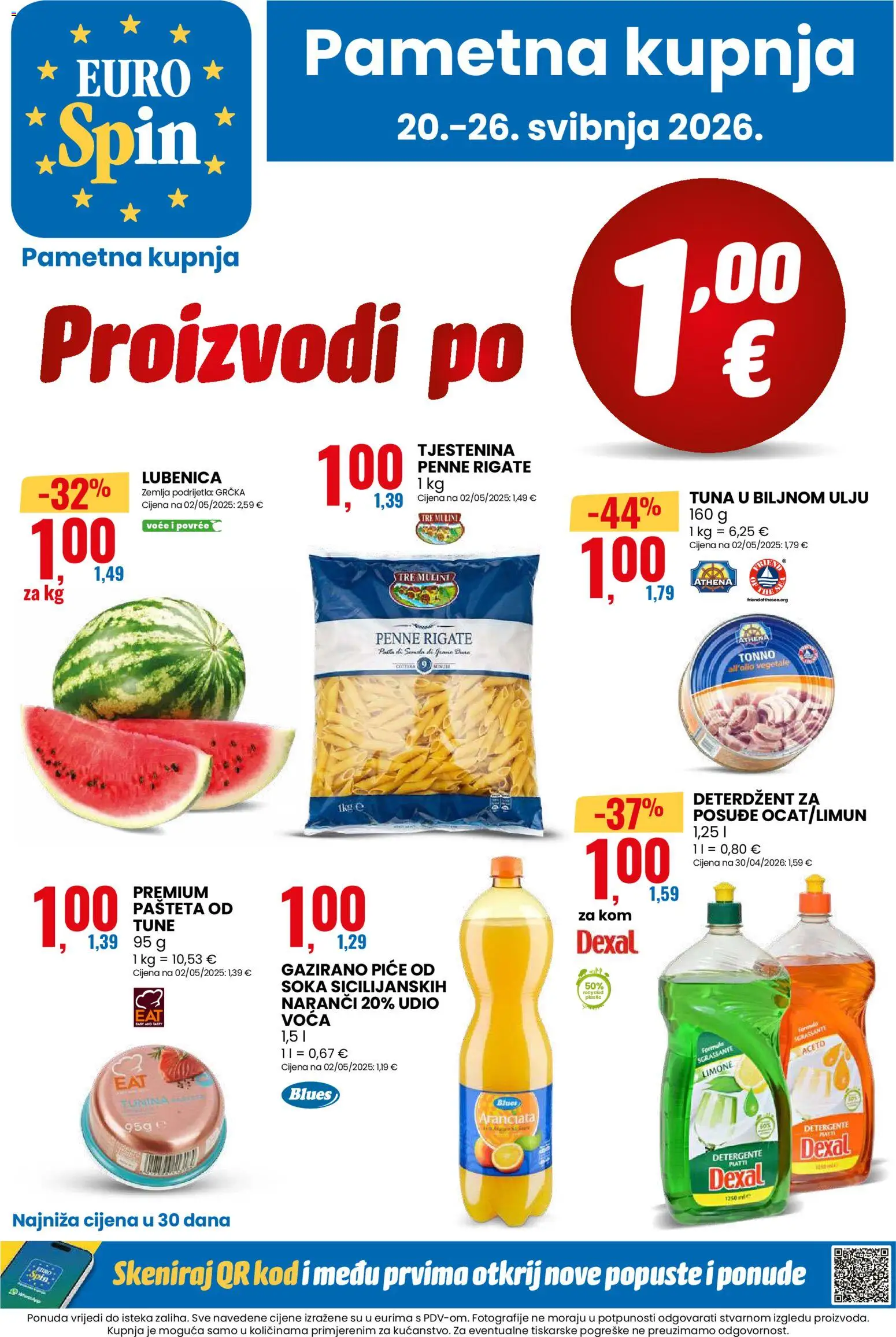 Eurospin katalog | vrijedi od 20.05.2026 | Stranica: 1 | Proizvodi: Tjestenina, Voće, Lubenica, Tuna