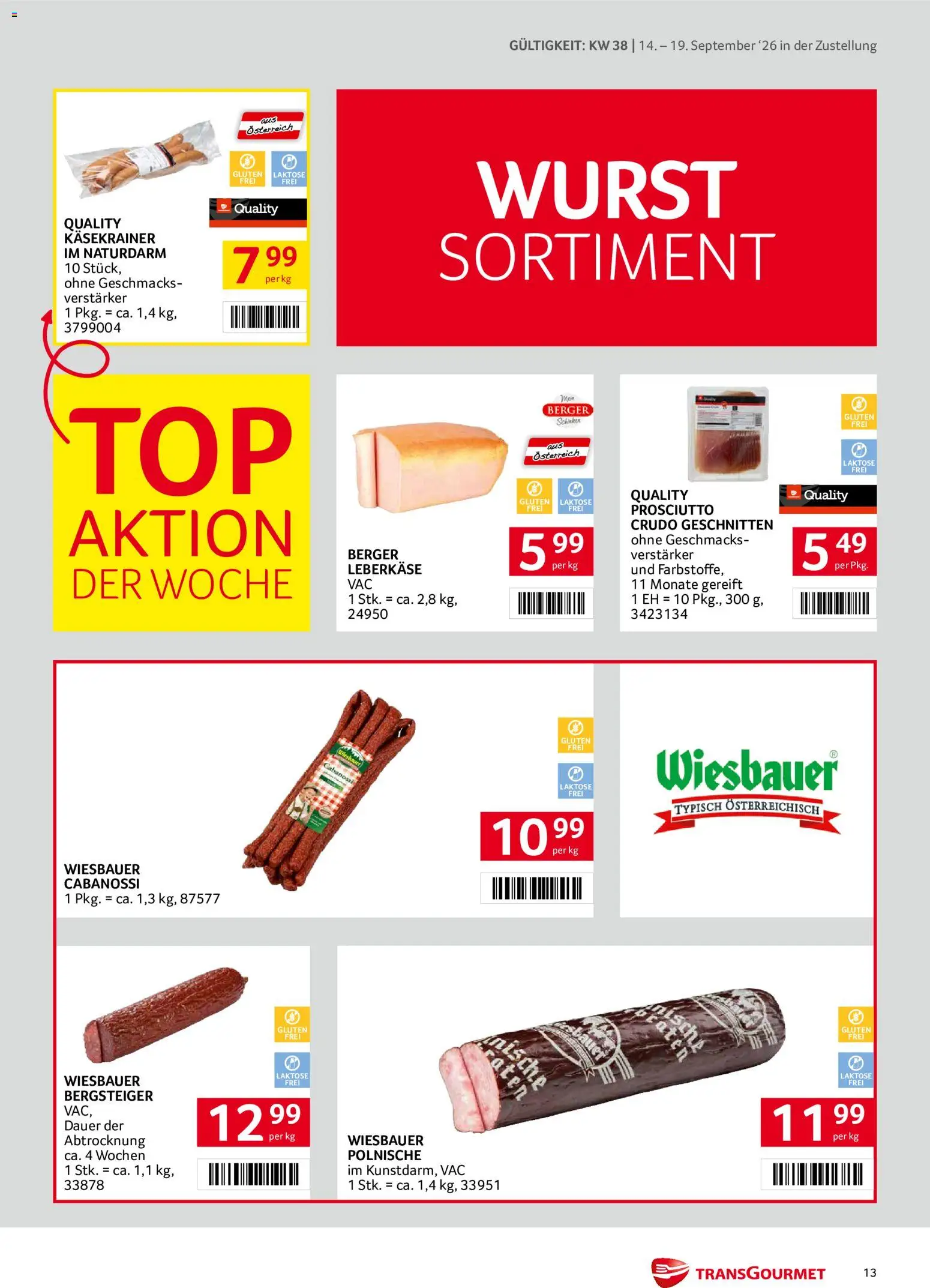 Transgourmet Zustellaktion gültig ab 14.09.2026 | Seite: 13 | Produkte: Wurst, Schinken
