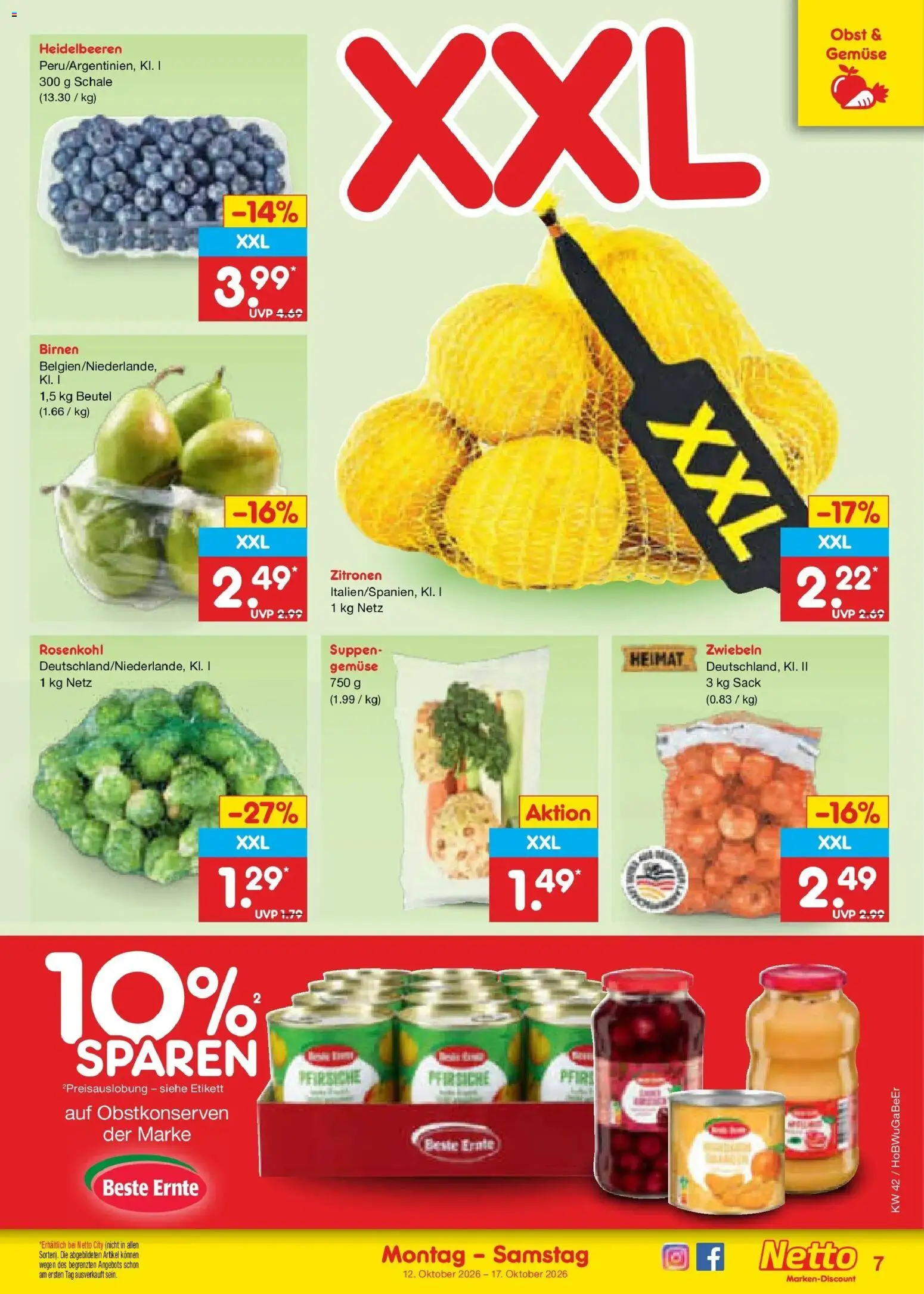 Netto Marken-Discount Prospekt Bielefeld (ab 12.10.2026) » Angebote | Seite: 7 | Produkte: Heidelbeeren, Gemüse, Obst, Zitronen