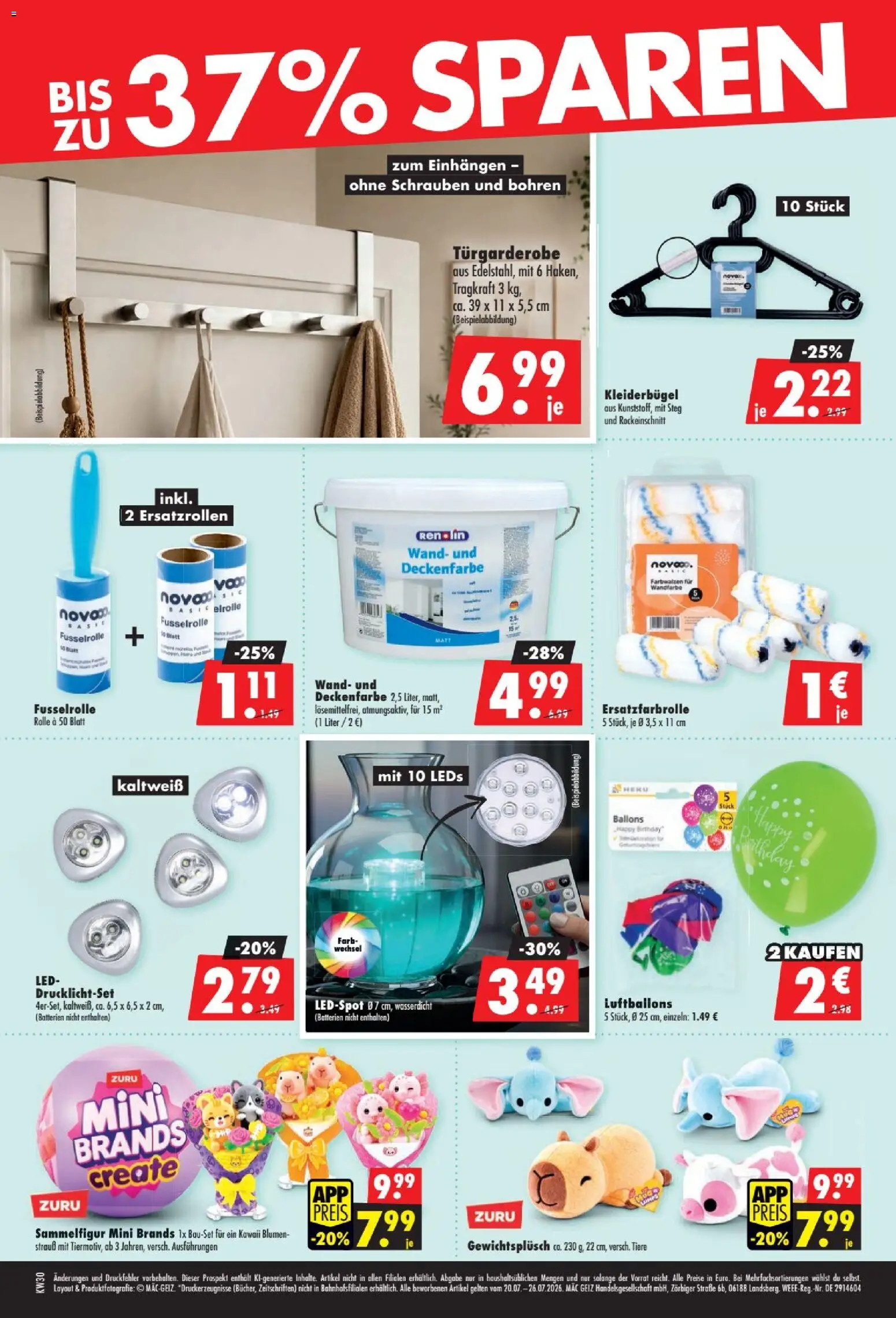 Mäc Geiz Prospekt – gültig ab 20.07.2026 | Seite: 2 | Produkte: Batterien, Blumen, Kleiderbügel, Wandfarbe