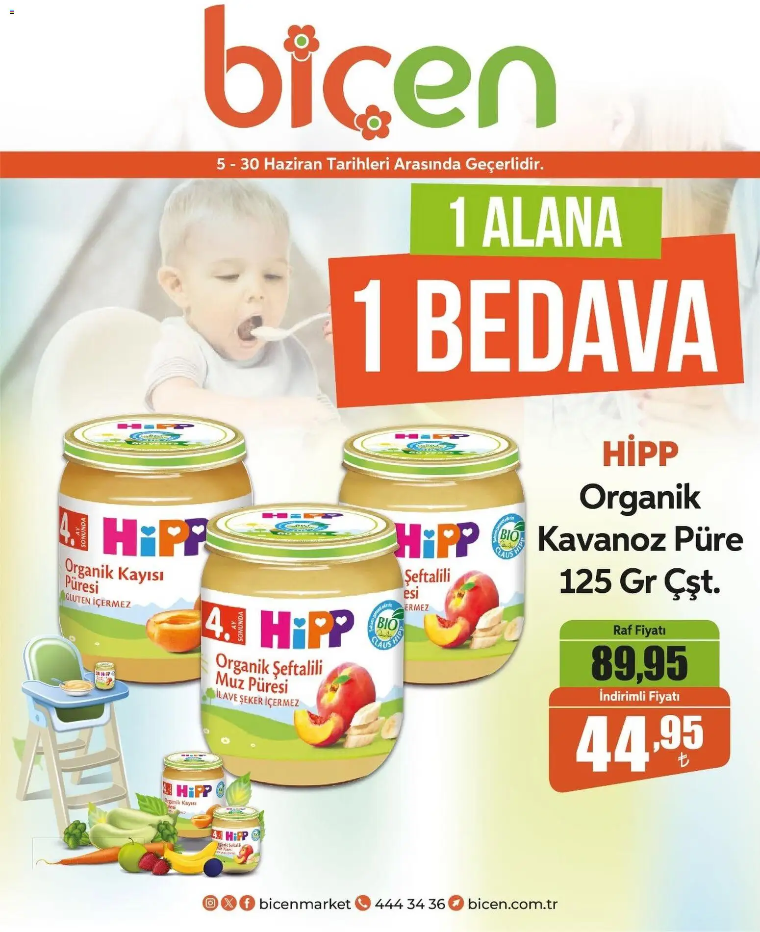 Biçen Market - 1 Alana 1 Bedava - 05.06.2026 tarihinden itibaren geçerlidir | Sayfa: 1 | Ürünler: Raf, Muz, Şeker, Kayısı