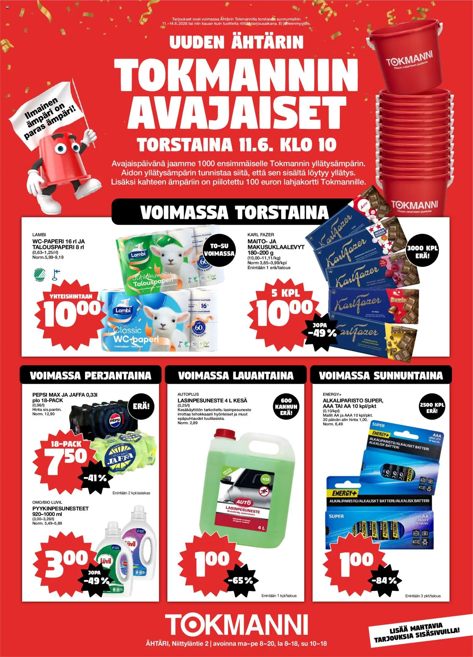 Tokmanni - Ähtärin avajaiset – voimassa 11.06.2026 alkaen | Sivu: 1 | Tuotteet: Virvoitusjuomat, Wc-paperi, Maito, Lasinpesuneste
