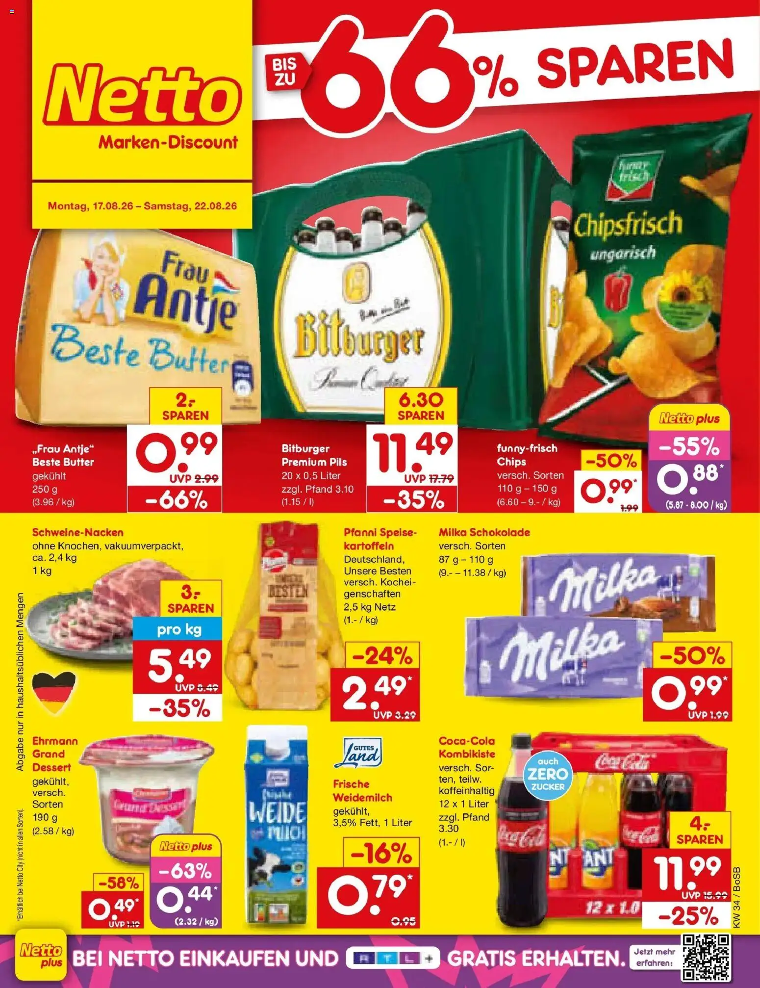 Netto Marken-Discount Prospekt Stadtlohn – gültig ab 17.08.2026 | Seite: 1 | Produkte: Bitburger, Butter, Kartoffeln, Zucker