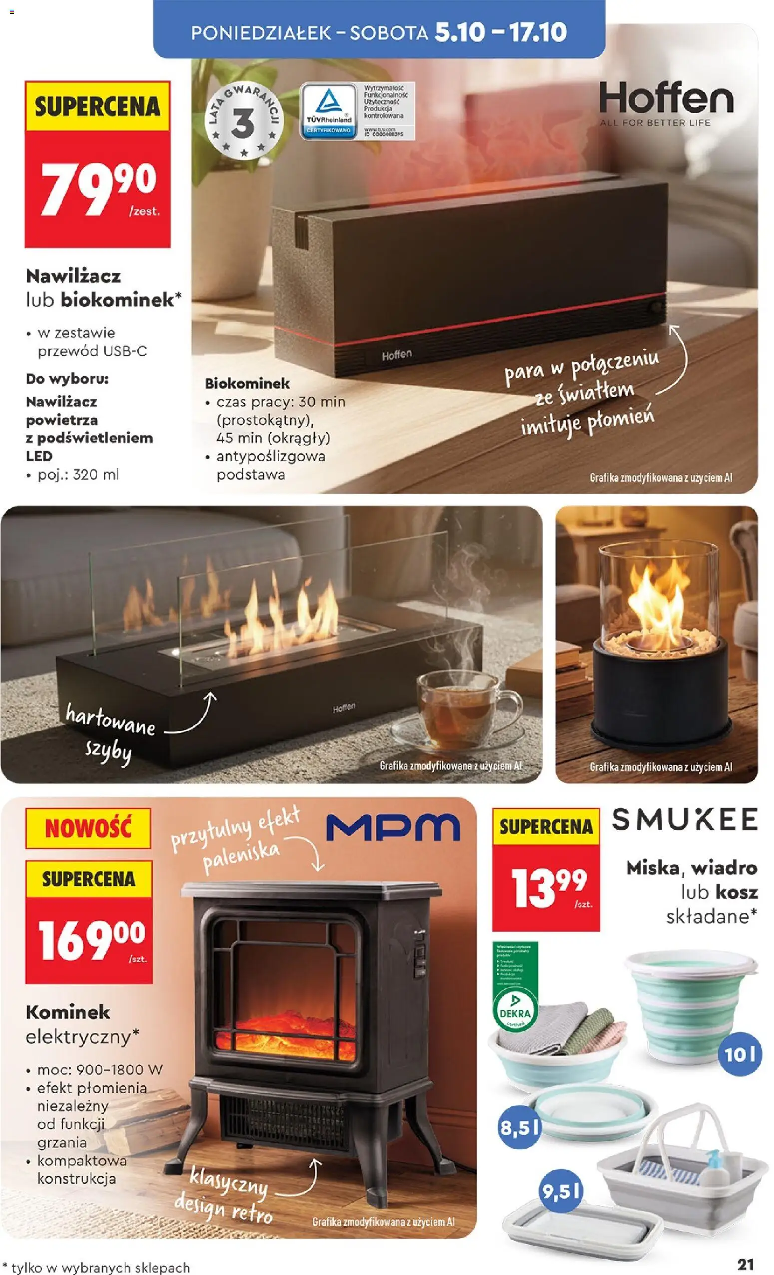 Biedronka gazetka - Hity i inspiracje od 03.10.2026 | Strona: 21 | Produkty: Biokominek, Kosz, Nawilżacz powietrza