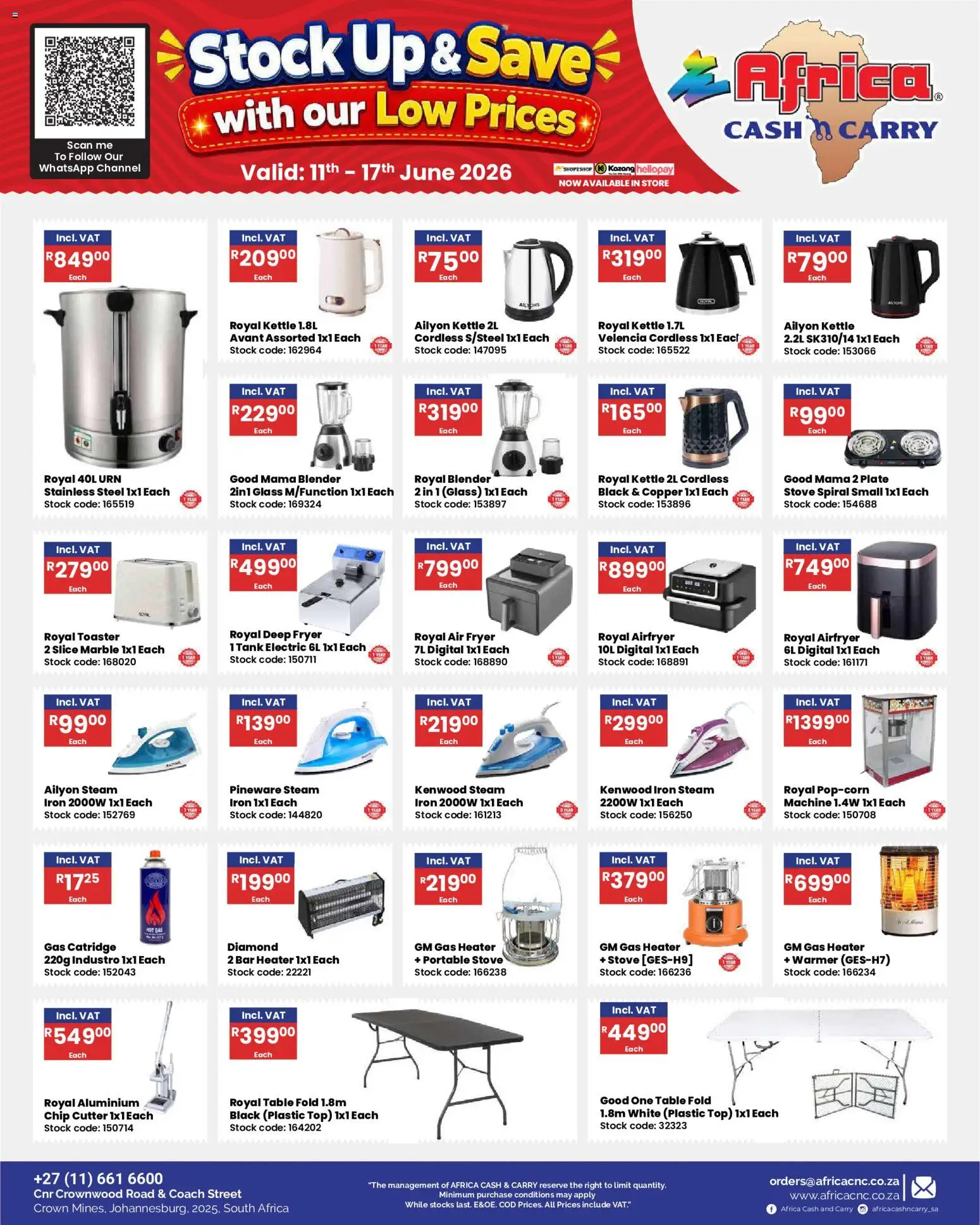 New Africa Cash & Carry catalogue – valid from 11.06.2026 | Page: 32 | Products: Kettle, Toaster, Blender, Stock