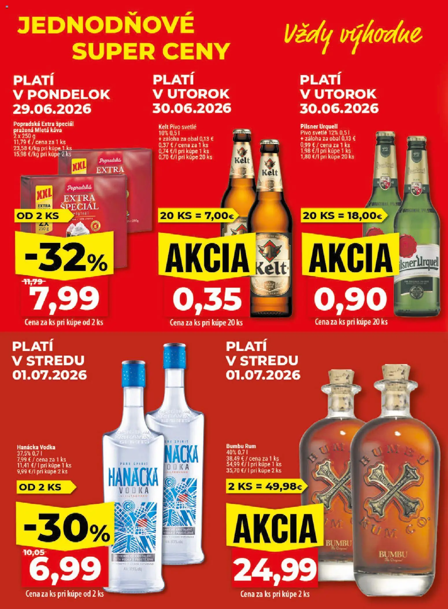 Nové Klas akcie – leták je platný od 29.06.2026 | Strana: 2 | Produkty: Pilsner Urquell, Káva, Vodka, Rum
