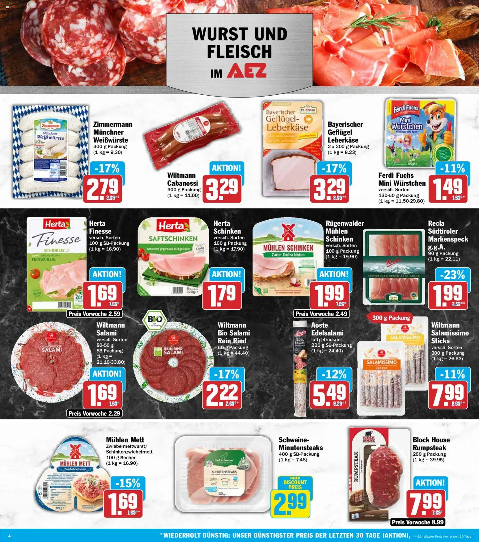 AEZ Prospekt – gültig ab 14.09.2026 | Seite: 4 | Produkte: Rumpsteak, Schinken, Fleisch, Leberkase