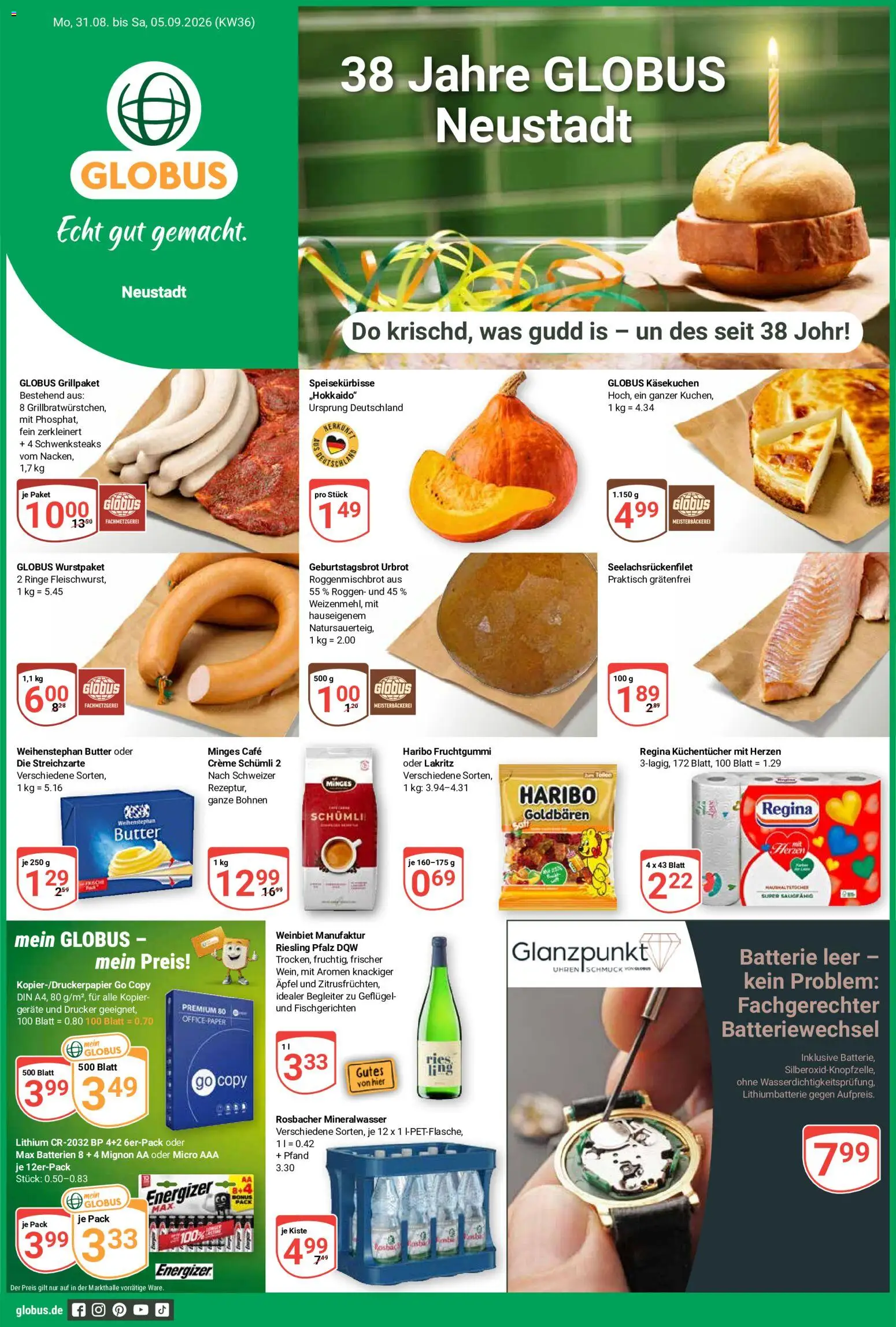 Globus Prospekt Neustadt a.d. Weinstraße – gültig ab 31.08.2026 | Seite: 1 | Produkte: Haribo, Butter, Batterie, Mineralwasser