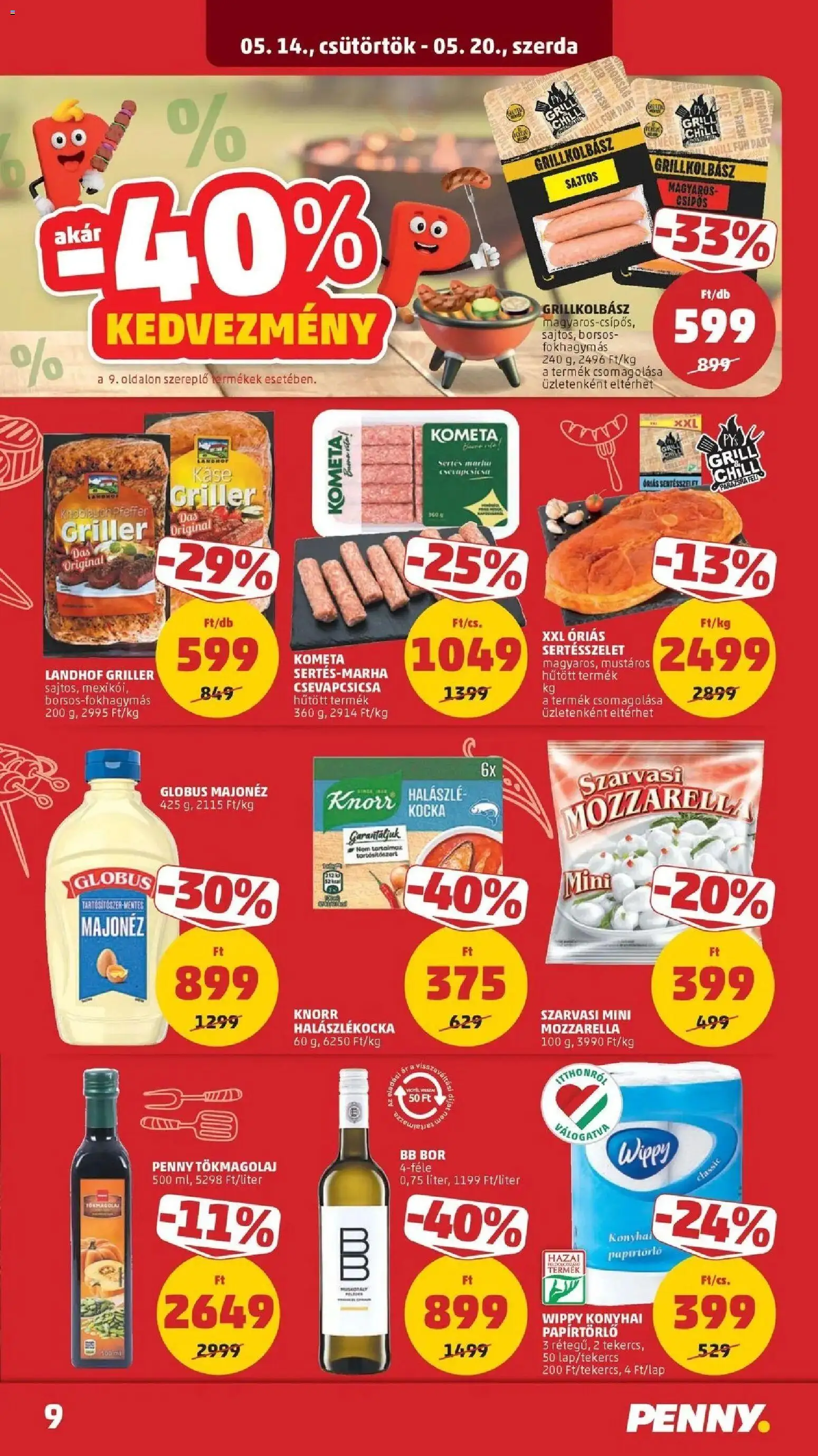 PENNY akciós ujság - amely érvényes a következő dátumtól: 14.05.2026 | Oldal: 9 | Termékek: Mozzarella, Grillkolbász, Grill, Majonéz