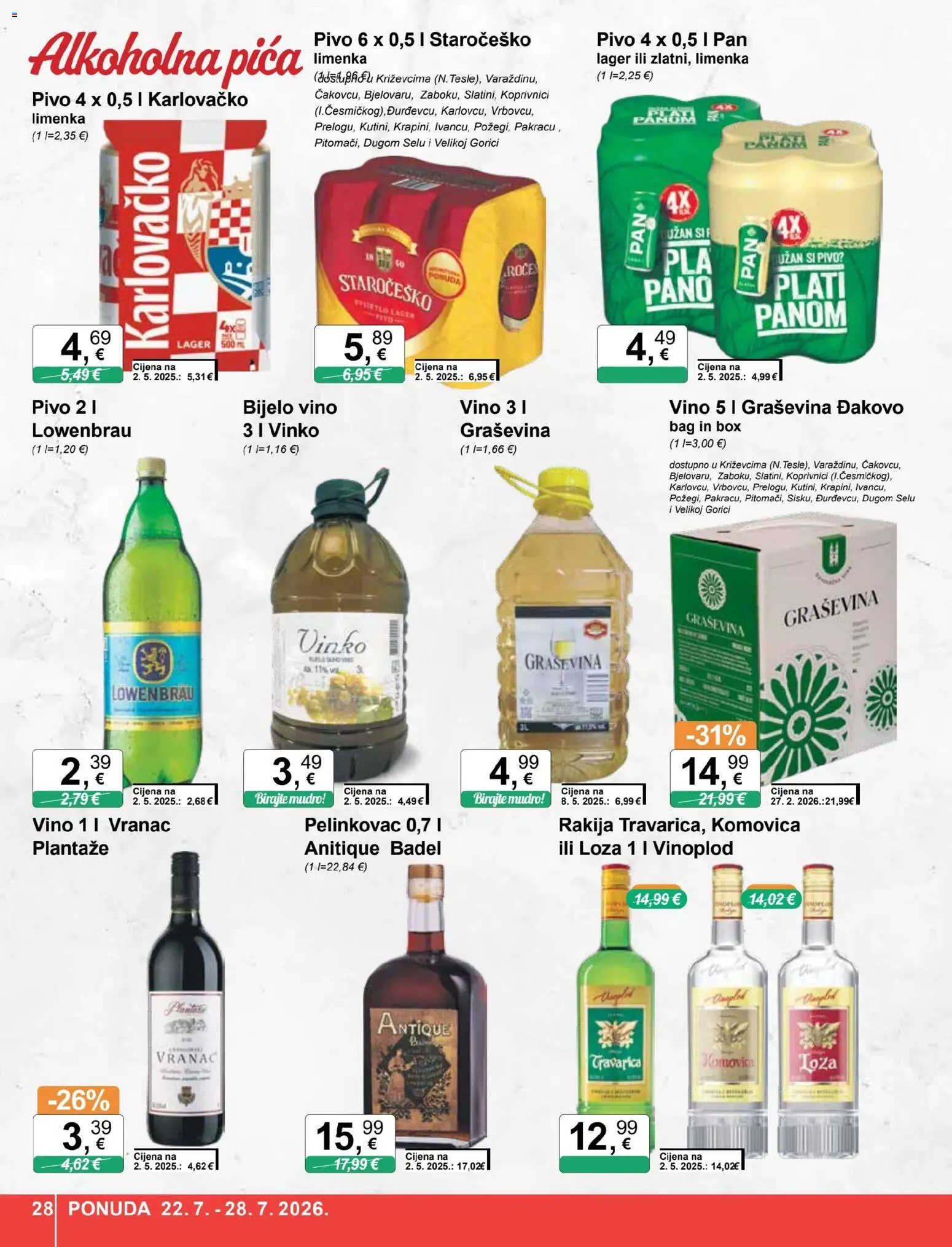 KTC katalog | vrijedi od 22.07.2026 | Stranica: 28 | Proizvodi: Bijelo vino, Pica, Karlovačko, Pan