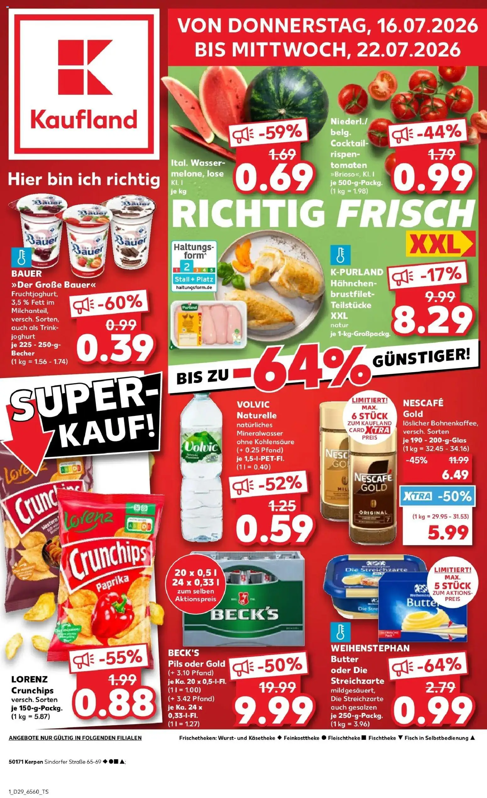 Kaufland Prospekt Kerpen – gültig ab 16.07.2026 | Seite: 1 | Produkte: Butter, Fisch, Wasser, Wurst