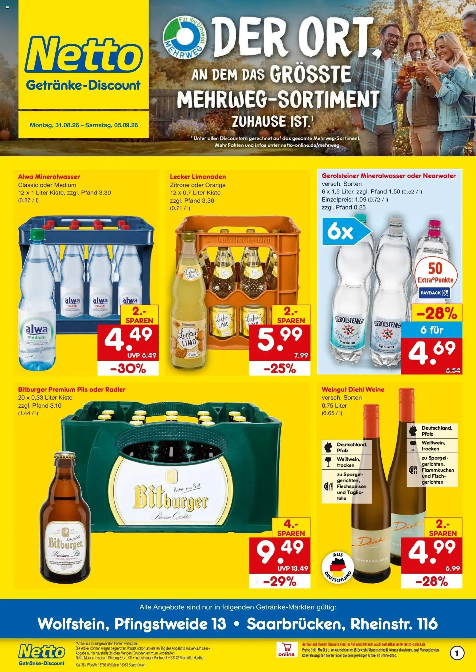 Netto Marken-Discount Prospekt Saarbrücken (ab 31.08.2026) » Angebote | Seite: 1 | Produkte: Bitburger, Mineralwasser, Zitrone, Gerolsteiner
