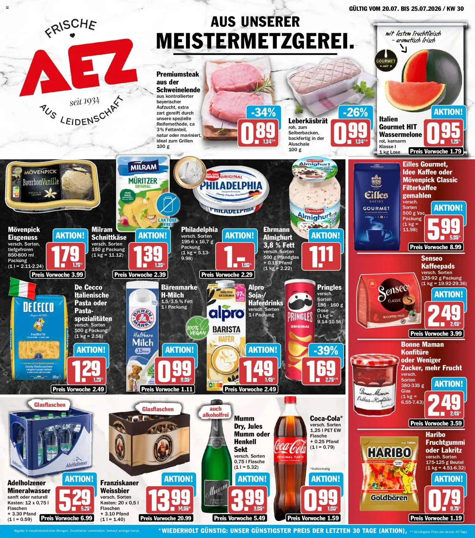 AEZ Prospekt – gültig ab 20.07.2026 | Seite: 1 | Produkte: Kaffee, Philadelphia, Milram, Pasta