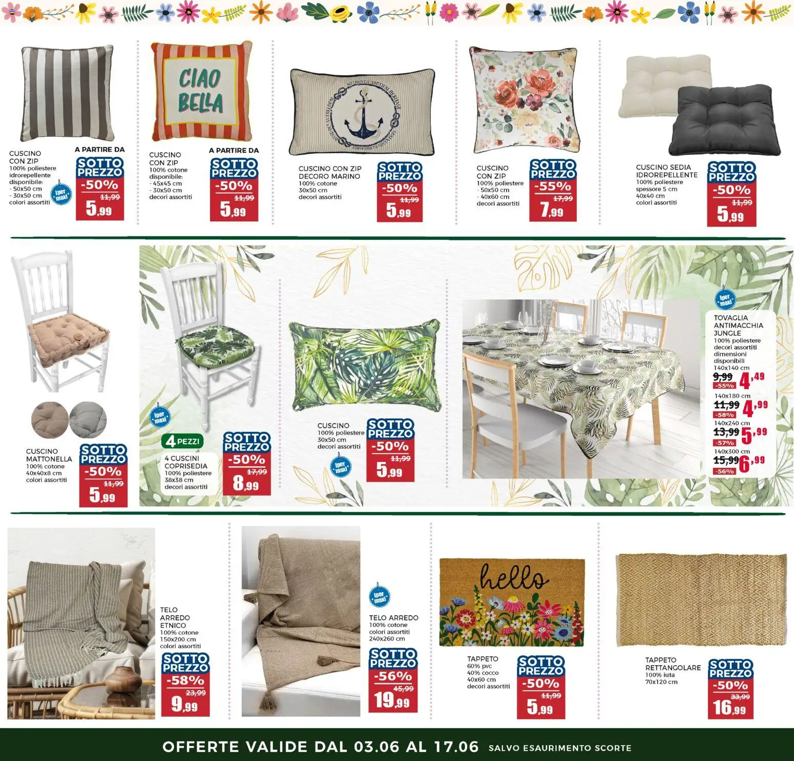 Volantino Happy Casa del 03.06.2026 | Pagina: 26 | Prodotti: Cuscino, Tovaglia, Coprisedia, Tappeto