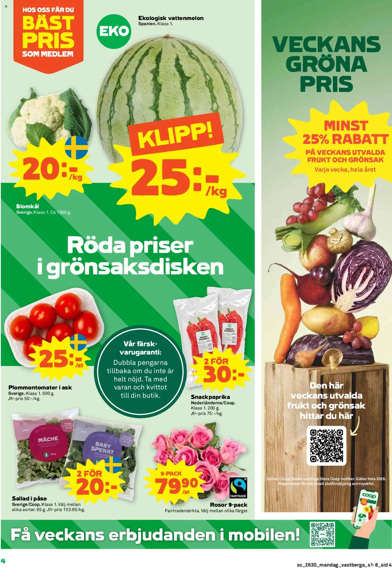 Stora Coop reklamblad aktuell från 20/07/2026 | Sida: 4 | Produkter: Vattenmelon, Spenat, Blomkål, Sallad