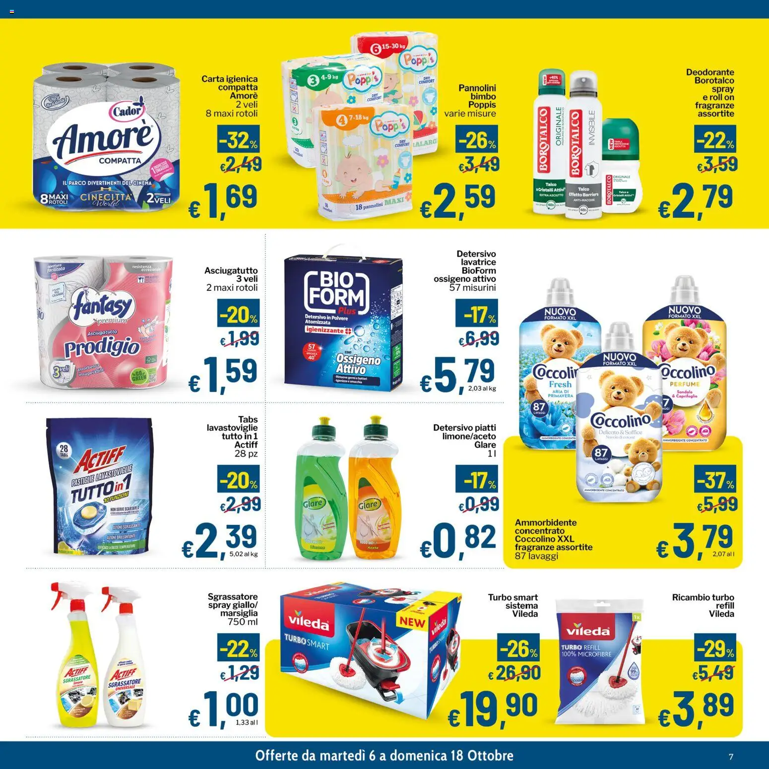 Volantino Qui Discount del 06/10/2026 | Pagina: 7 | Prodotti: Pannolini, Talco, Lavatrice, Aceto