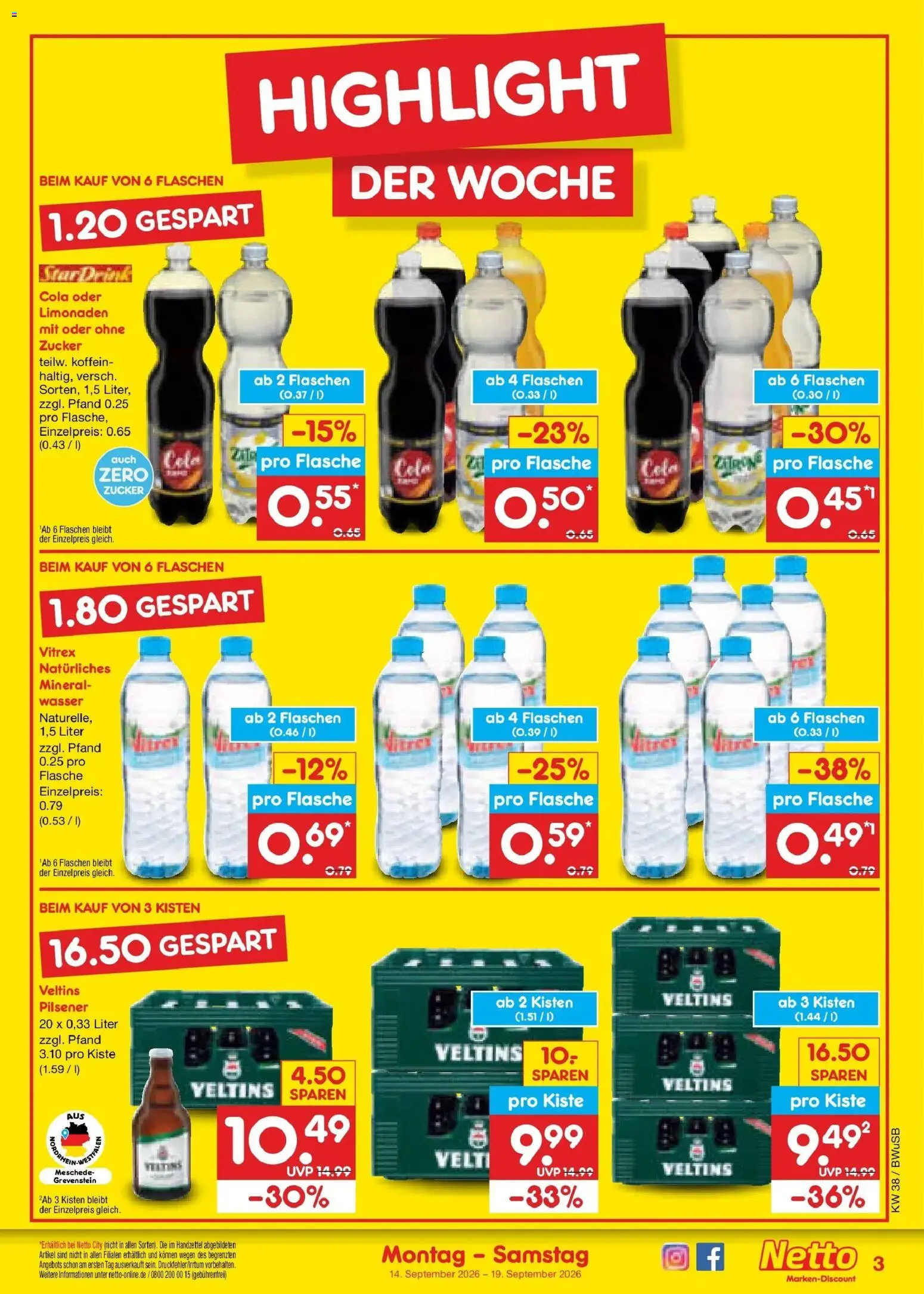 Netto Marken-Discount Prospekt Bielefeld – gültig ab 14.09.2026 | Seite: 3 | Produkte: Wasser, Zucker, Zitrone, Veltins
