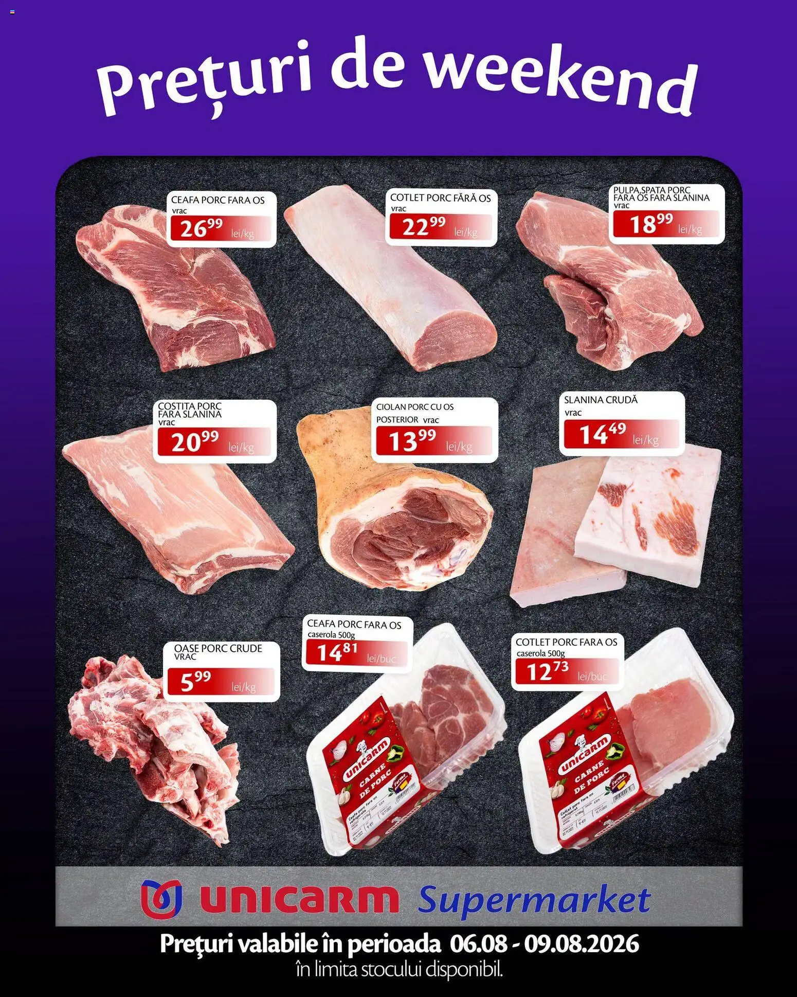 Noul catalog Unicarm – valabil de la 06.08.2026 | Pagină: 1 | Produse: Slanina, Caserola, Cotlet, Cotlet porc