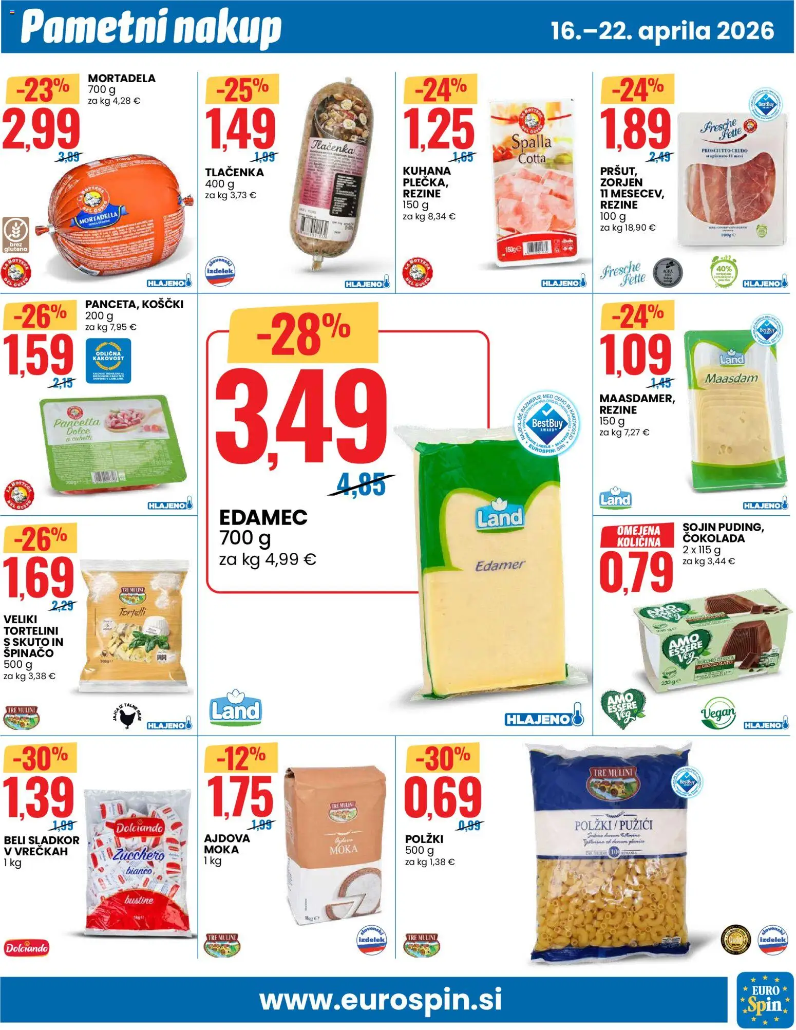 Novi Eurospin katalog ponudbe – veljaven od 16.04.2026 | Stran: 5 | Izdelki: Edamec, Mortadela, Cokolada, Sladkor