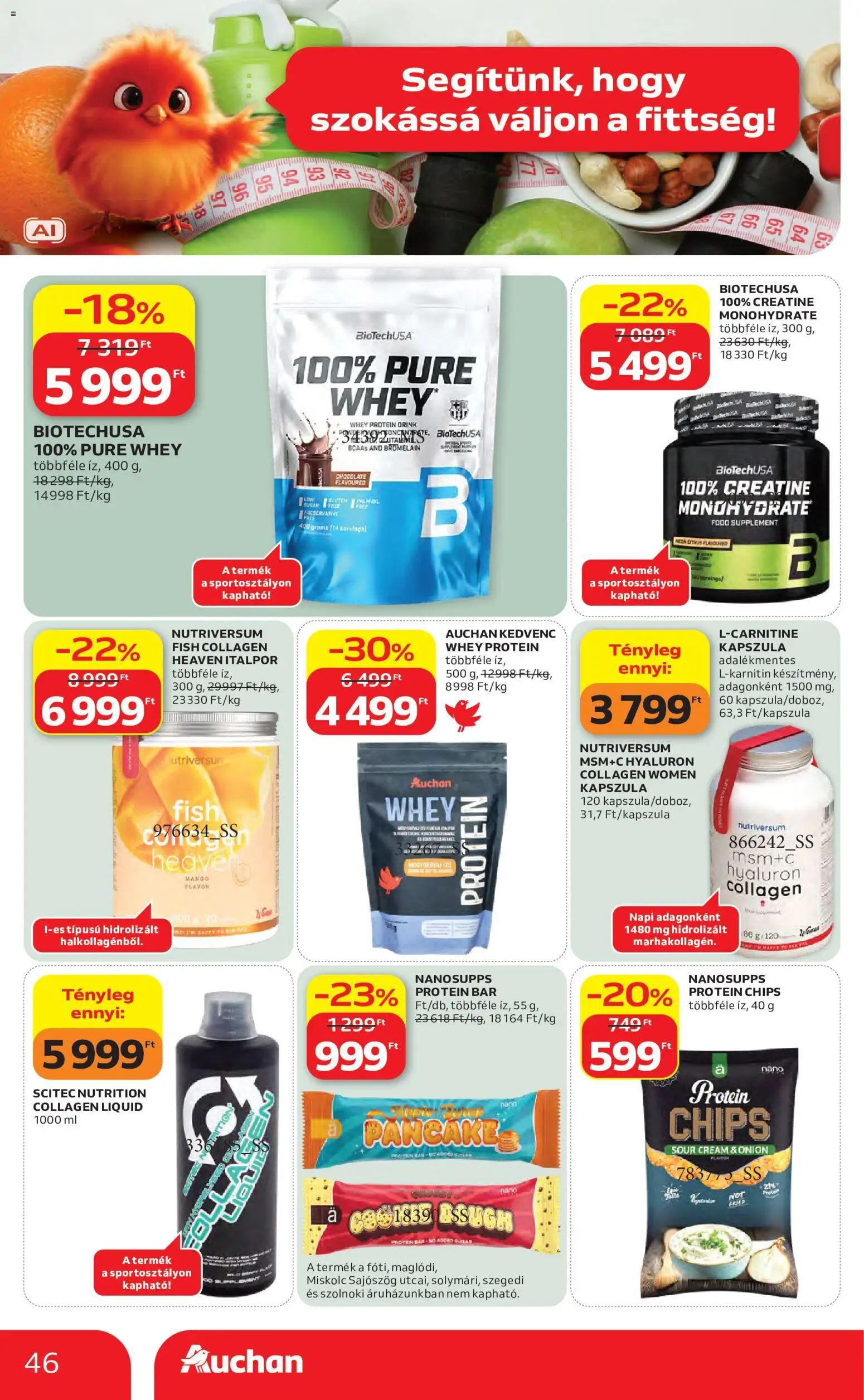 Auchan akciós ujság - amely érvényes a következő dátumtól: 2026.08.27. | Oldal: 46 | Termékek: Protein bar, Protein, Püré, Mangó