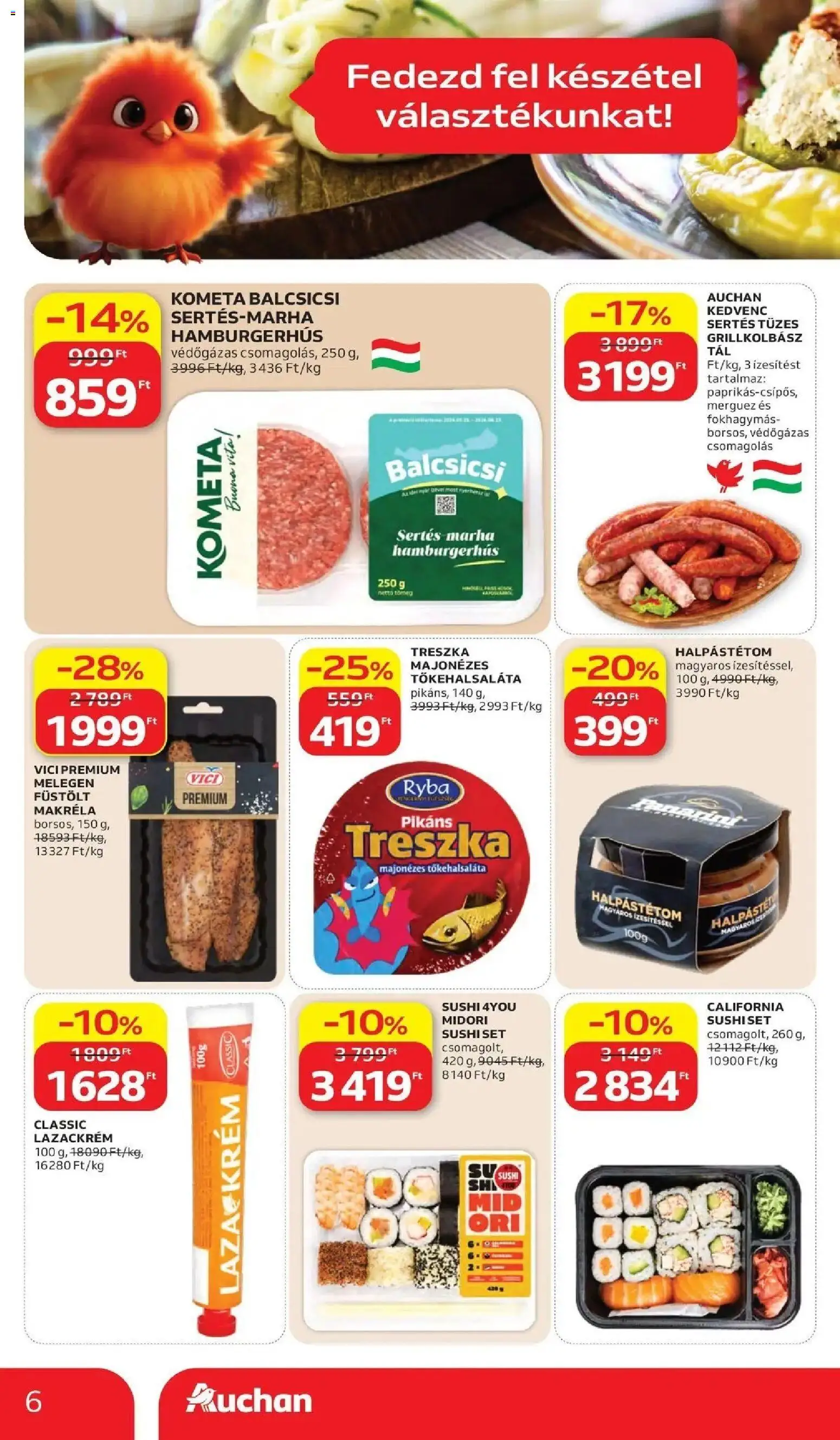 Auchan akciós újság Szolnok - 2026.10.15. -tól/töl > akció, lapozható szórólap 🛍️ | Oldal: 6 | Termékek: Makréla, Sushi, Füstölt makréla, Készétel