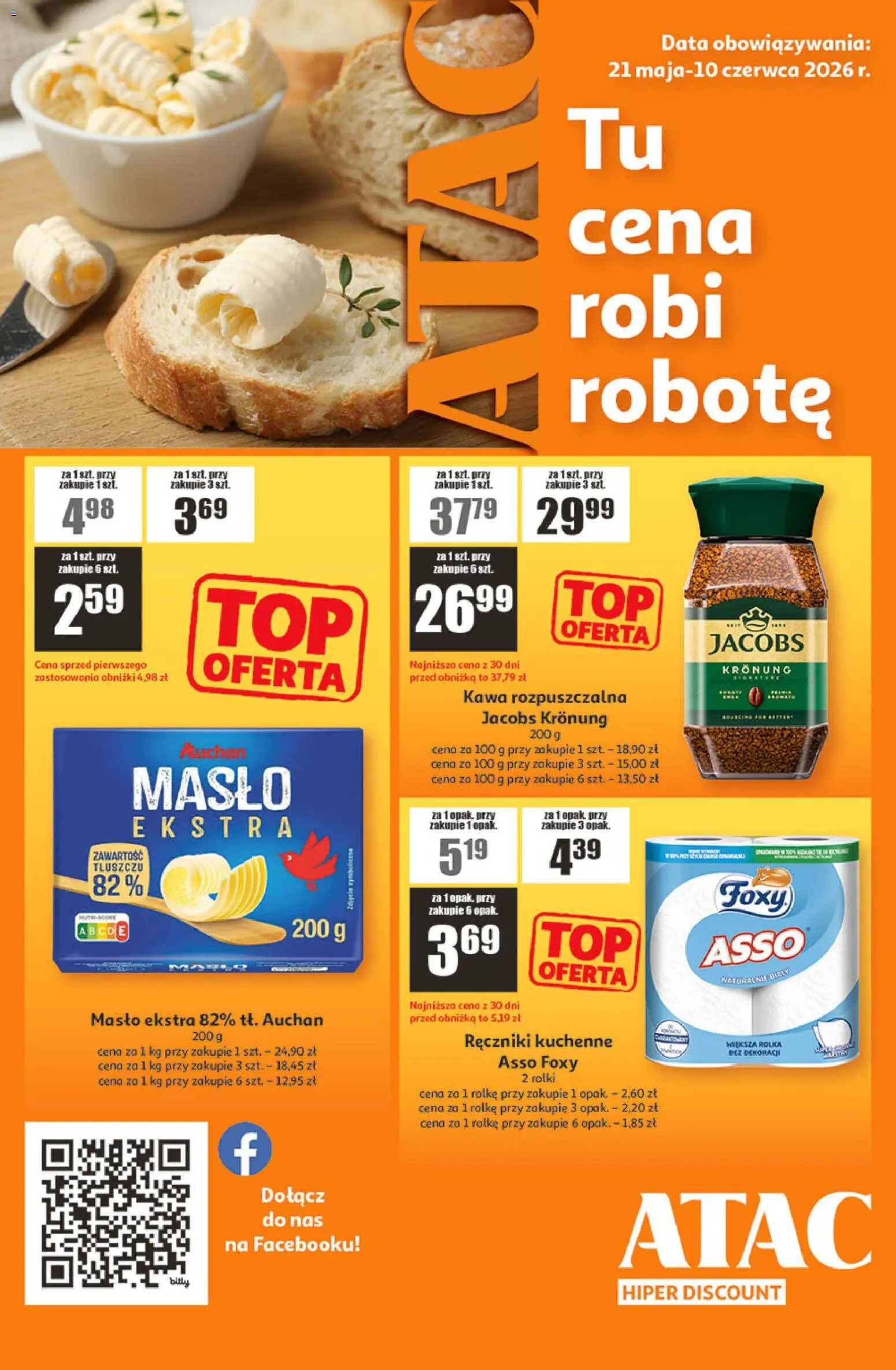 Auchan gazetka - ATAC Hiper Discount od 21.05.2026 | Strona: 1 | Produkty: Kawa rozpuszczalna, Kawa rozpuszczalna Jacobs Kronung, Masło, Kawa