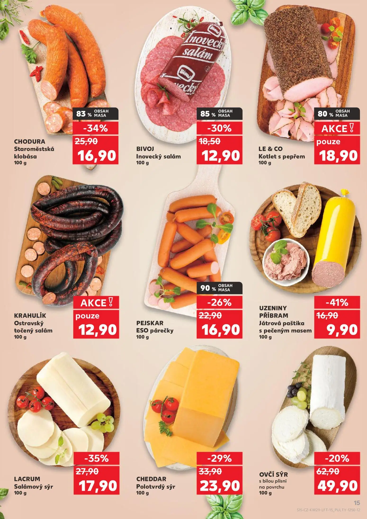 Kaufland leták - Plzeň Bory od 15.07.2026 | Strana: 15 | Produkty: Sýr, Klobása, Cheddar, Paštika