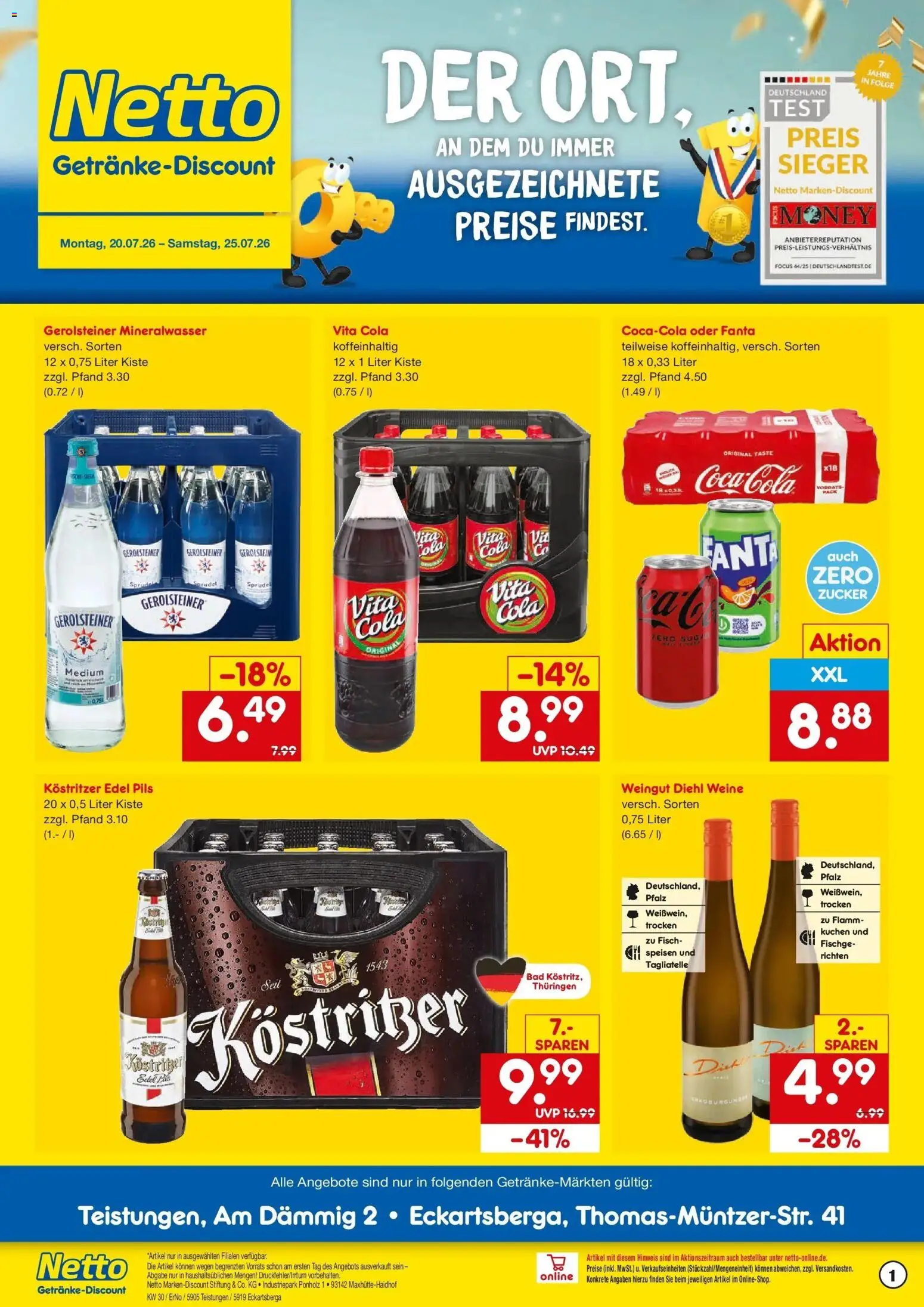 Netto Marken-Discount Prospekt Teistungen – gültig ab 20.07.2026 | Seite: 1 | Produkte: Cola, Kostritzer, Vita cola, Gerolsteiner