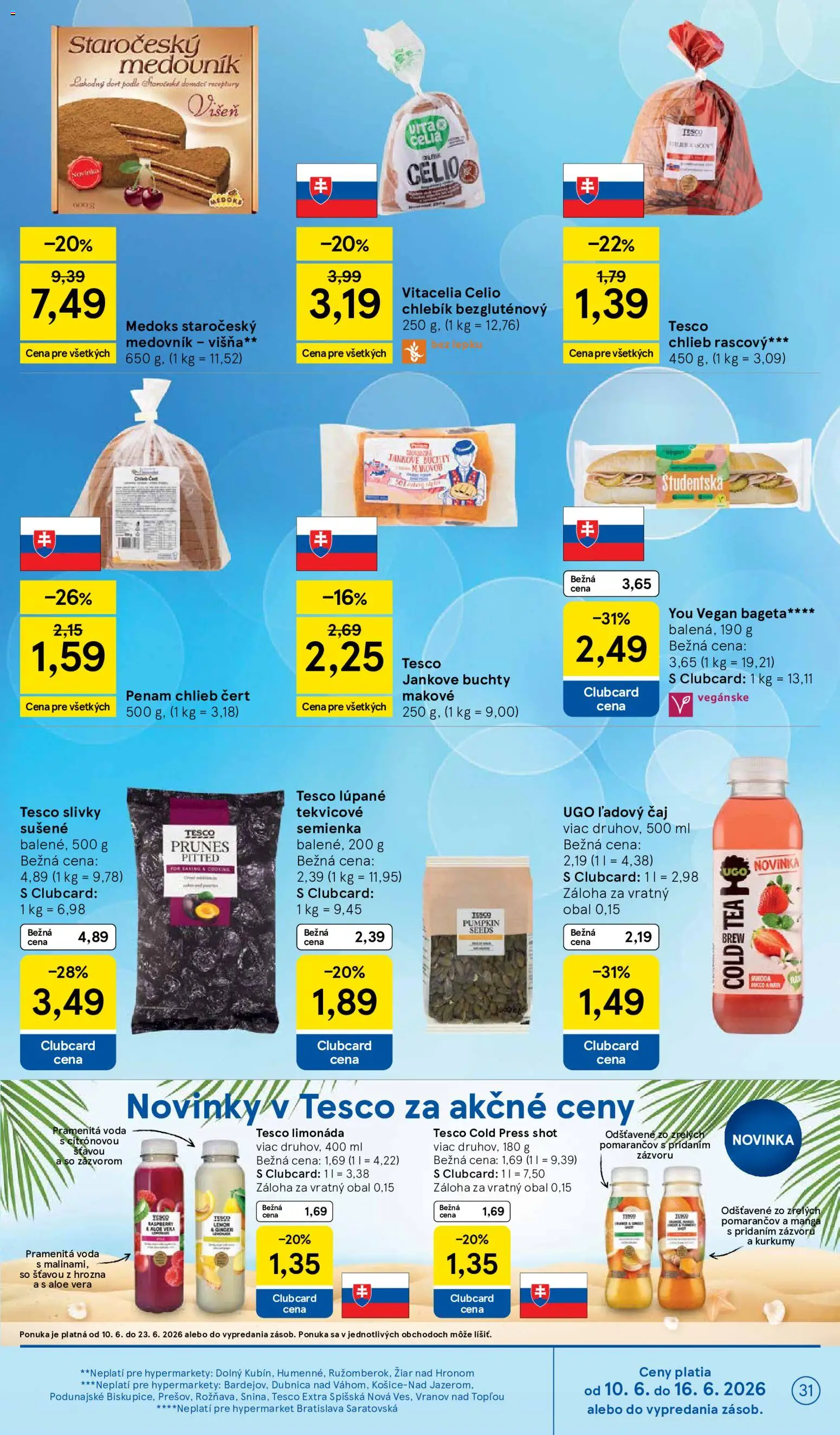 Nové Tesco akcie – leták je platný od 10.06.2026 | Strana: 31 | Produkty: Chlieb, Čaj, Voda, Slivky