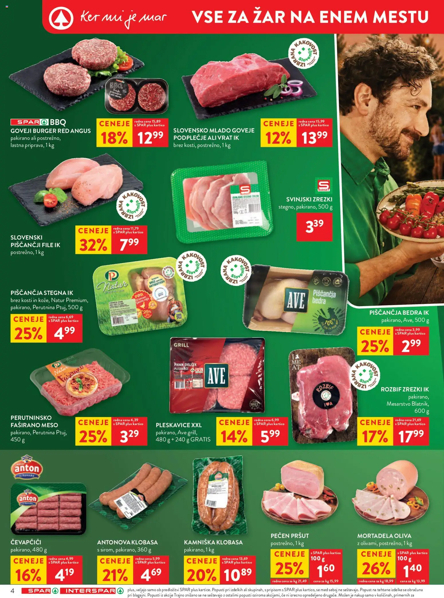 Novi Spar katalog ponudbe – veljaven od 27.07.2026 | Stran: 8 | Izdelki: Pršut, Mortadela, Piščančja bedra, Pleskavice