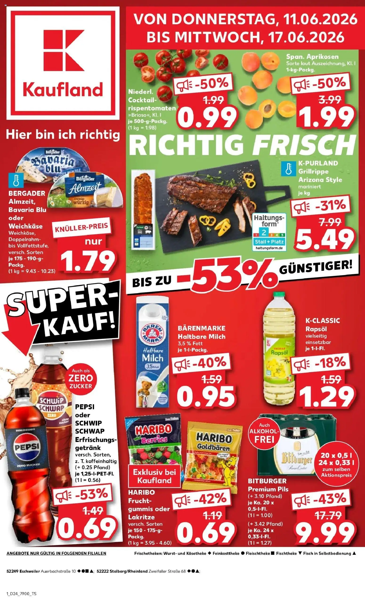Kaufland Prospekt Stolberg – gültig ab 11.06.2026 | Seite: 1 | Produkte: Milch, Pils, Schwip schwap, Pepsi