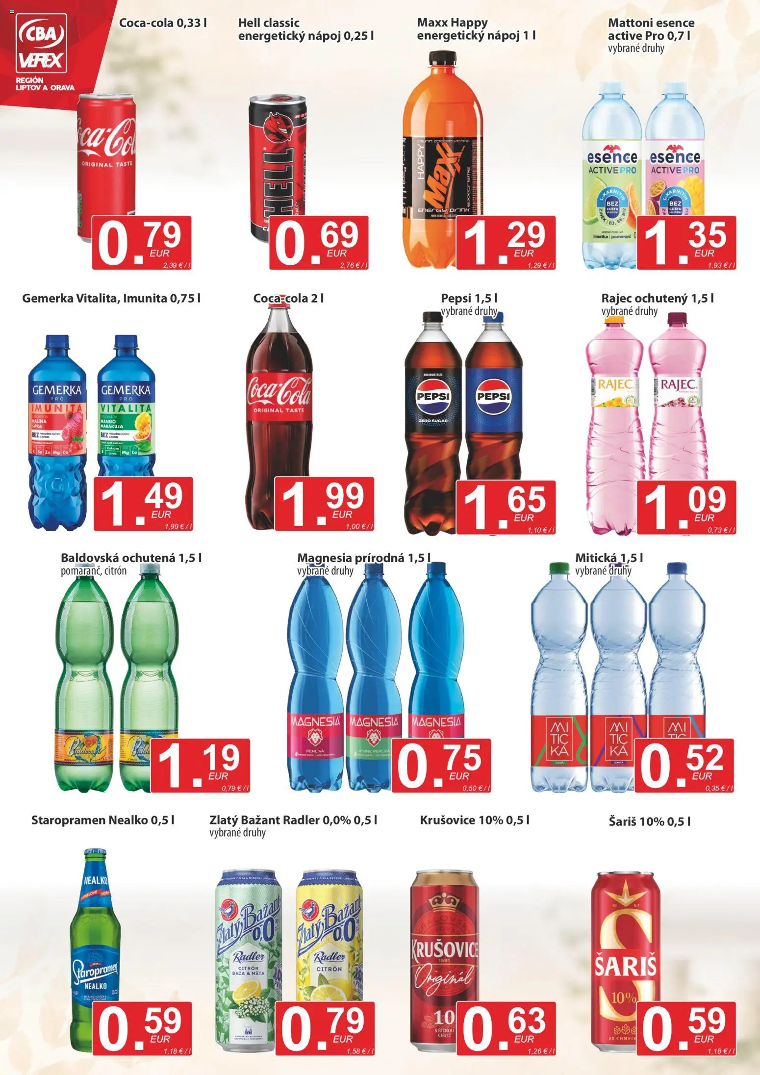 Nové CBA Verex akcie – leták je platný od 20.08.2026 | Strana: 10 | Produkty: Radler, Zlatý Bažant, Magnesia, Pepsi
