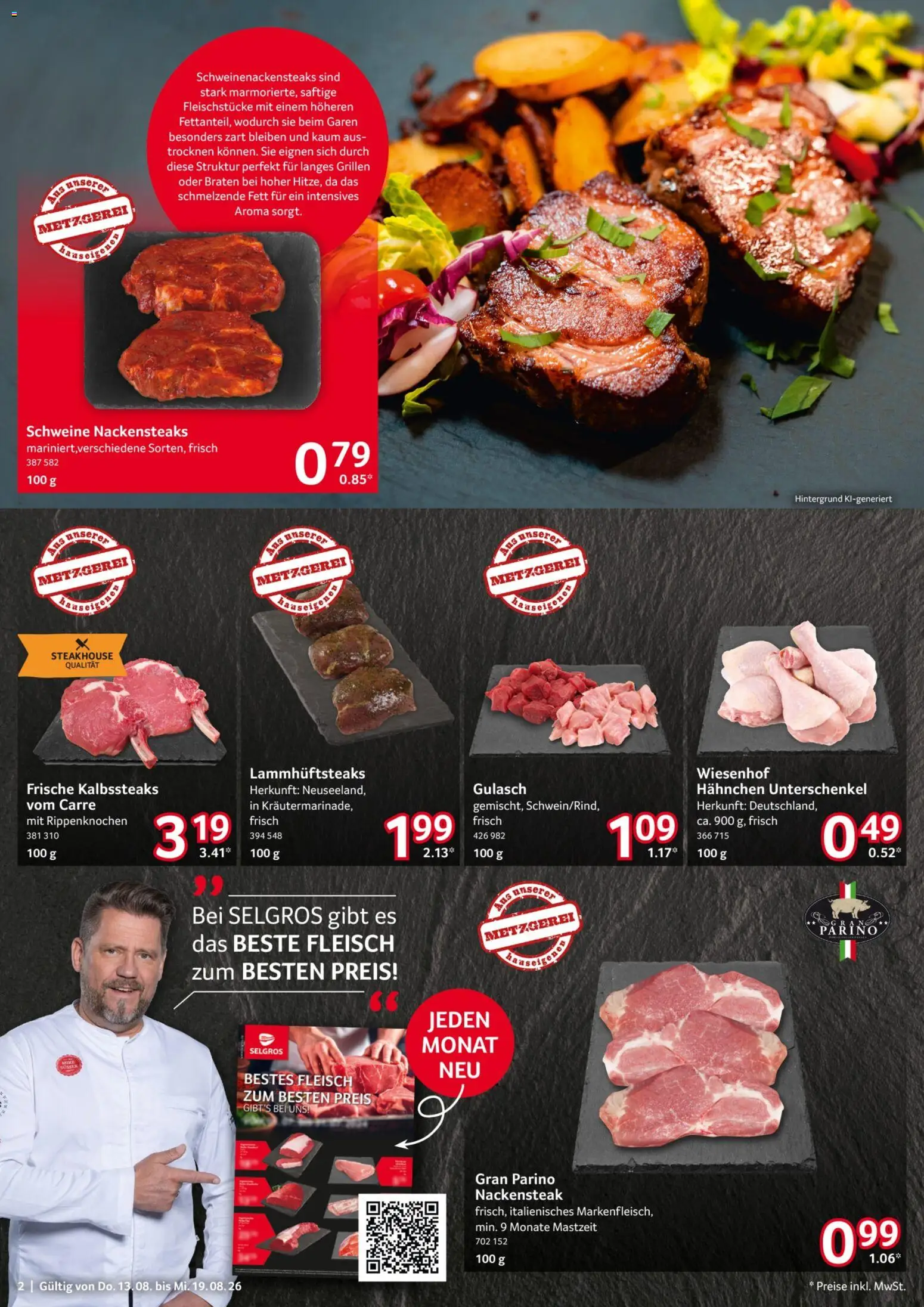 Selgros Prospekt – gültig ab 13.08.2026 | Seite: 2 | Produkte: Nackensteaks, Hahnchen, Gulasch, Fleisch