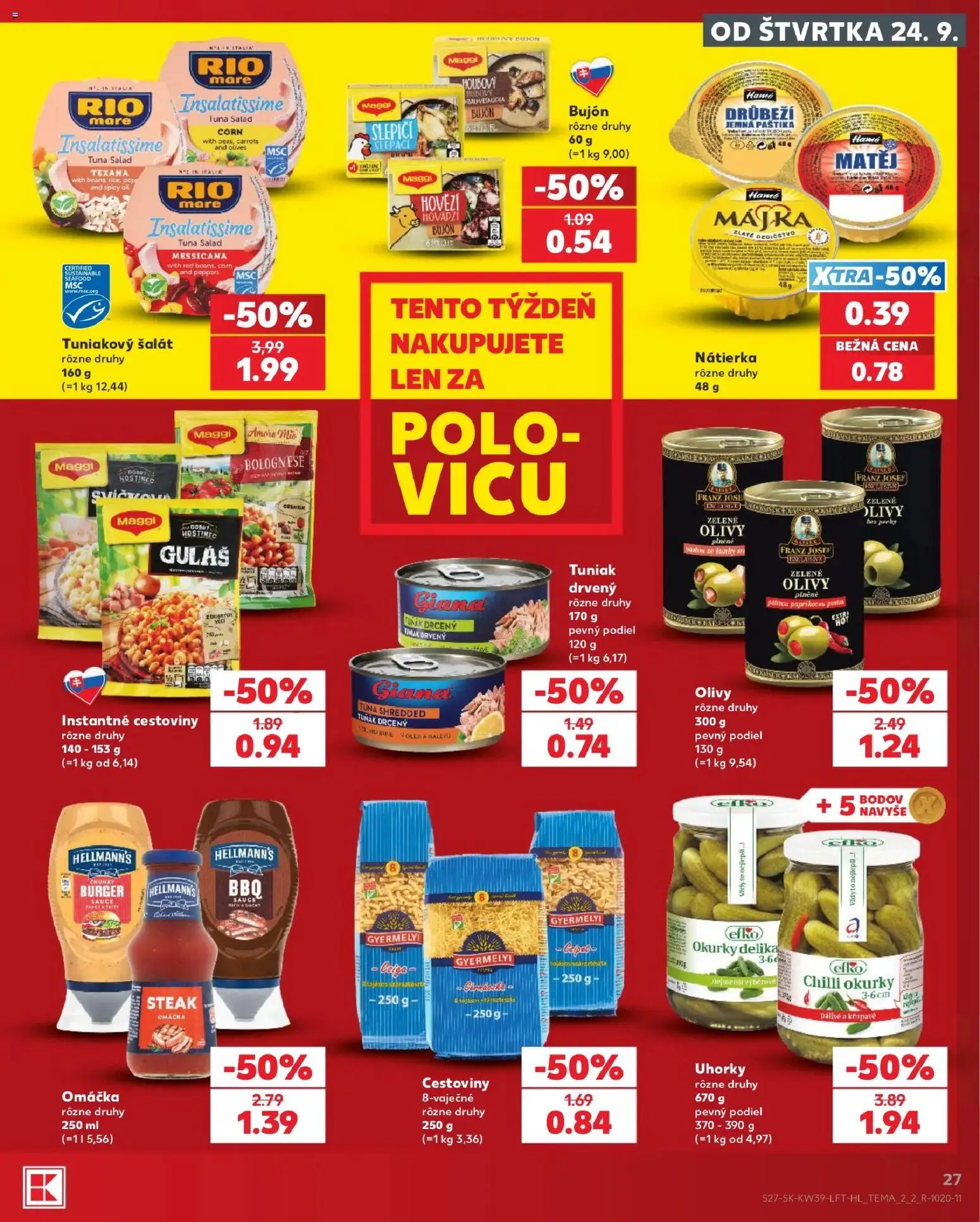 Nové Kaufland akcie – leták je platný od 24.09.2026 | Strana: 27 | Produkty: Tuniak, Olivy, Omáčka, Tuniakový šalát