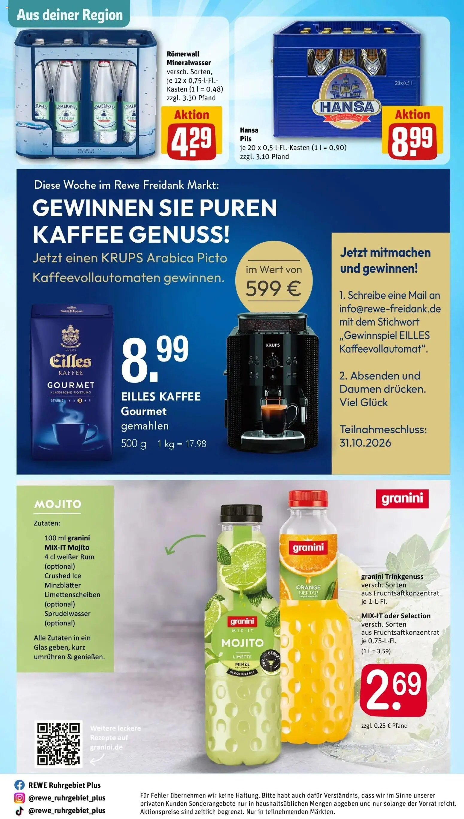 REWE Prospekt ab 26.10.2026 zum Blättern » Angebote | Seite: 32 | Produkte: Krups, Eilles kaffee, Rum, Mineralwasser