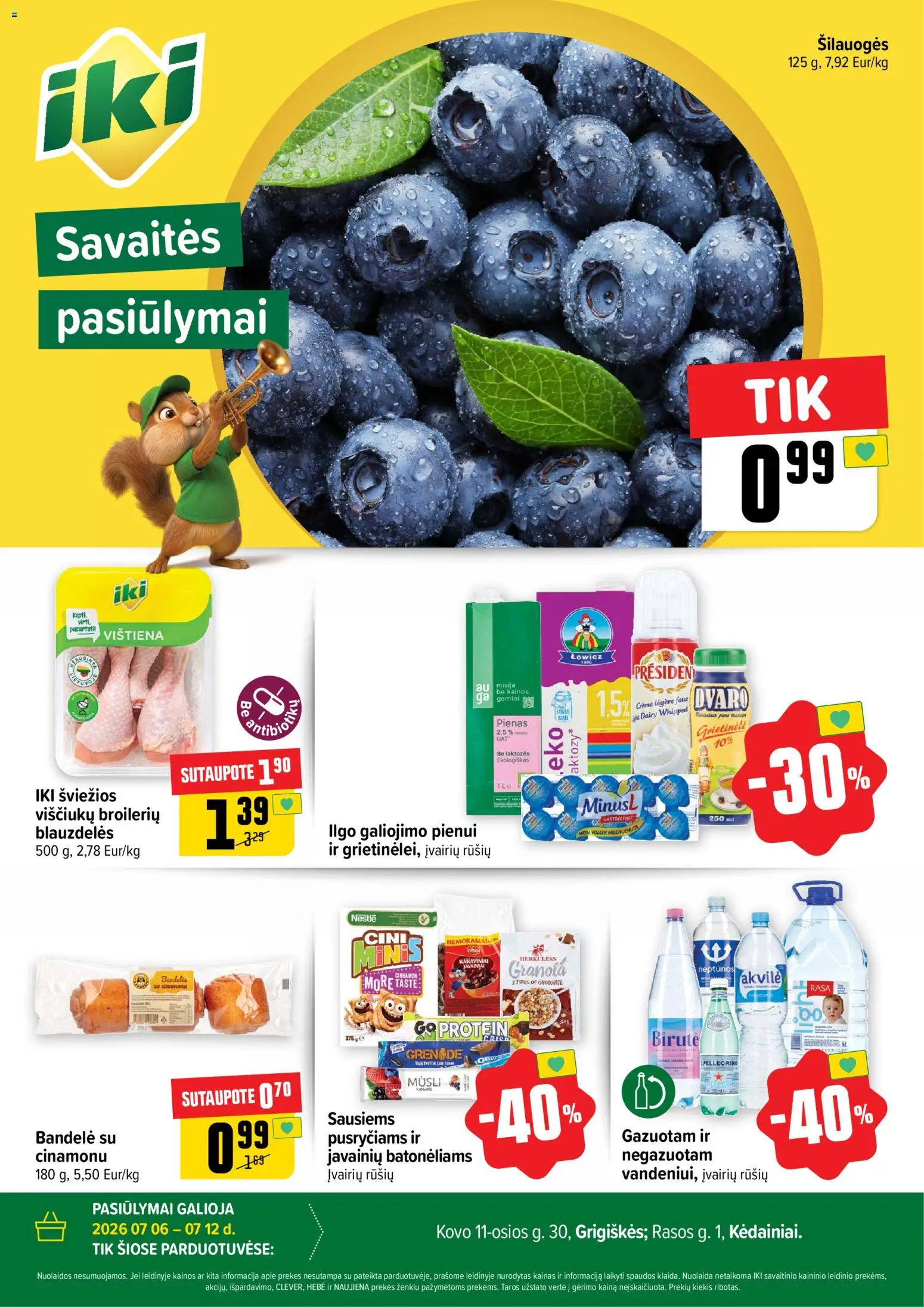 IKI akcijos nuo 2026.07.06 | Puslapis: 1 | Prekių: Šilauogės, Bandelė, Pienas, Vištiena