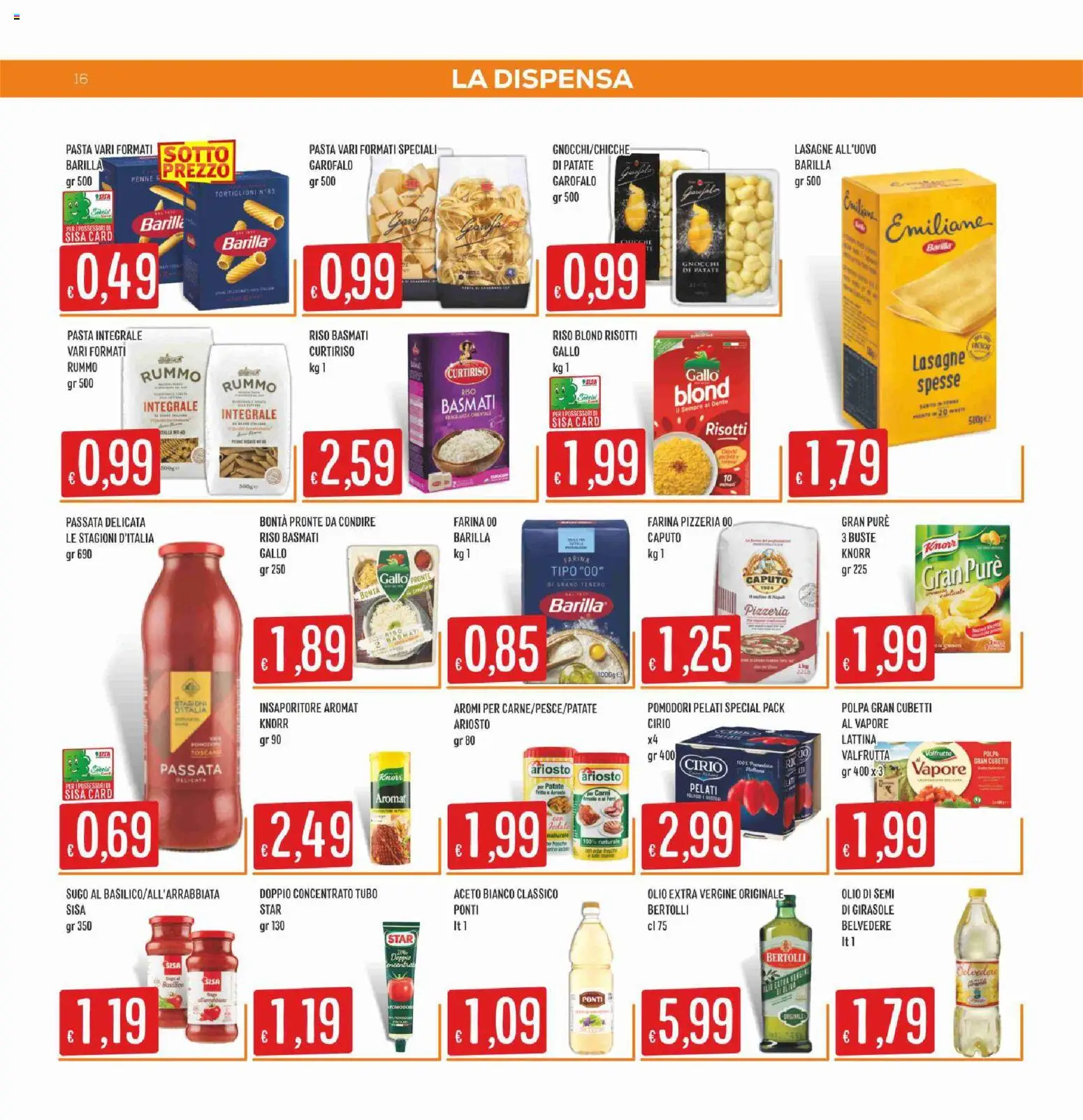Volantino SISA del 06/08/2026 | Pagina: 16 | Prodotti: Olio, Farina, Gnocchi, Sugo