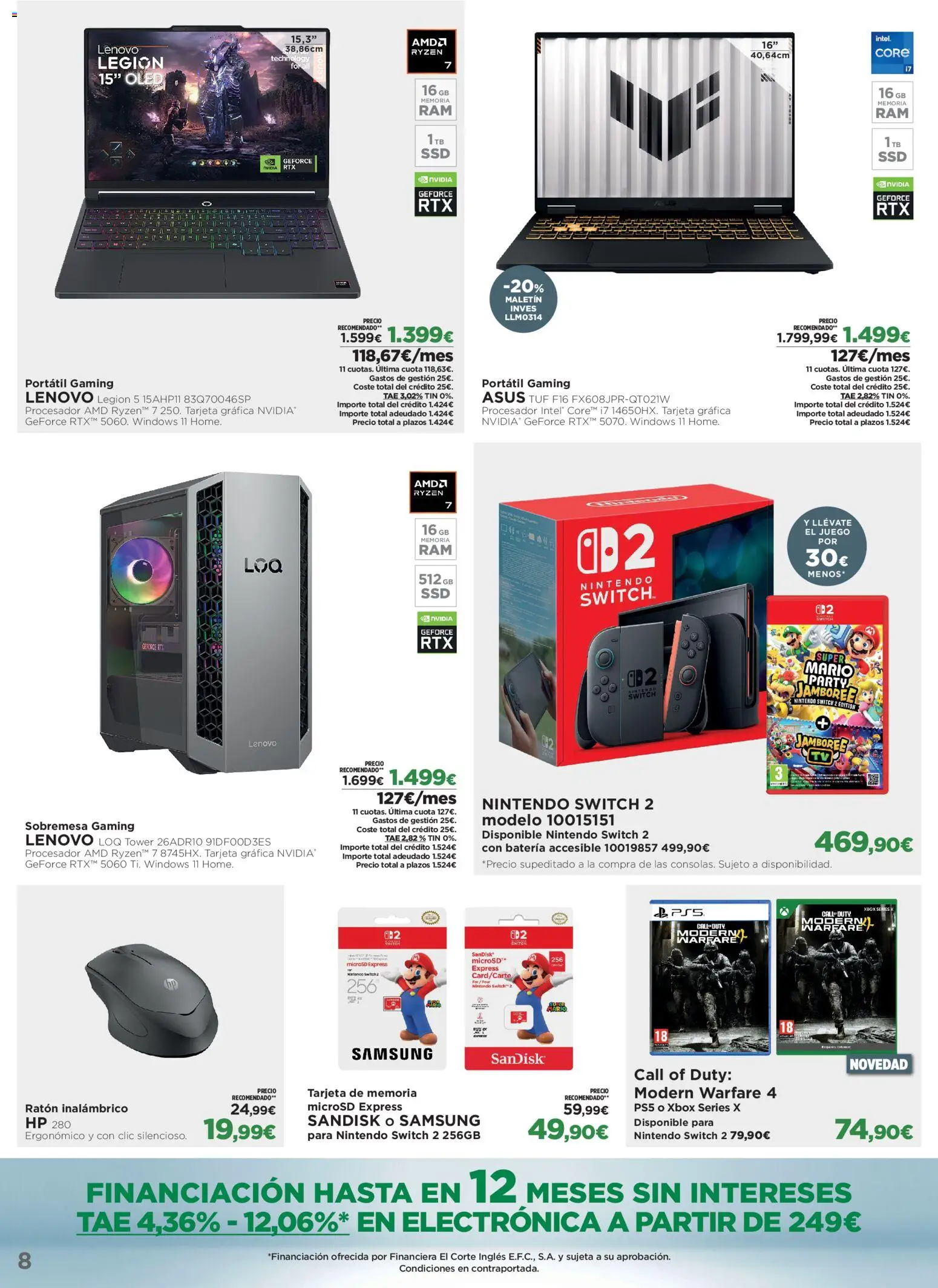 El Corte Inglés Los Tecnoprecios │ válido desde el 26/10/2026 | Página: 8 | Productos: Nintendo, Xbox, Tarjeta de memoria, Batería