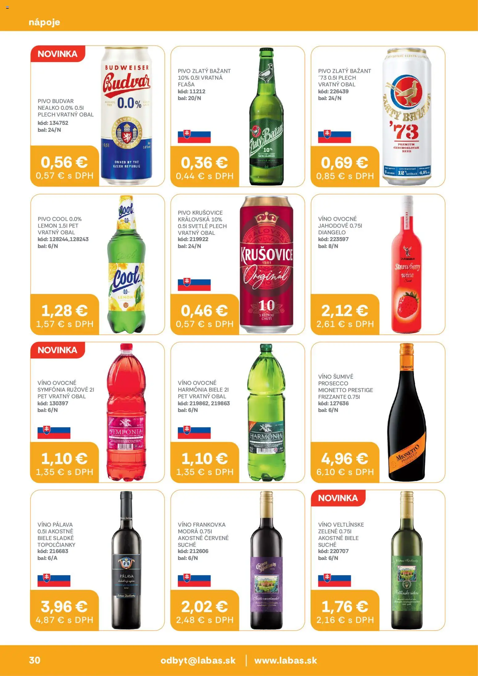 Nové Labaš akcie – leták je platný od 05.06.2026 | Strana: 30 | Produkty: Víno, Prosecco, Krušovice, Šumivé víno