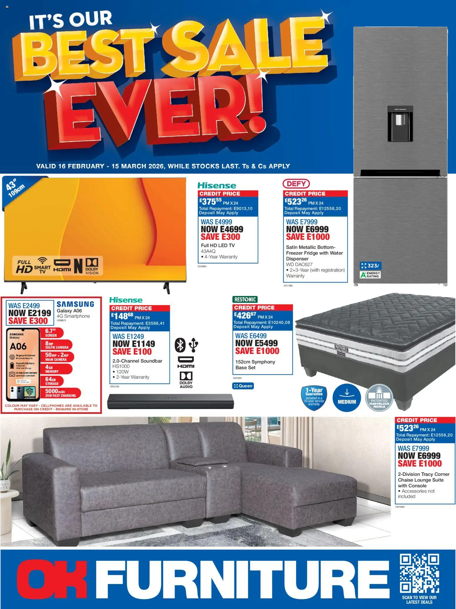 New OK Furniture catalogue – valid from 16.02.2026 | Page: 1 | Products: Battery, Fridge, Lounge suite, Soundbar