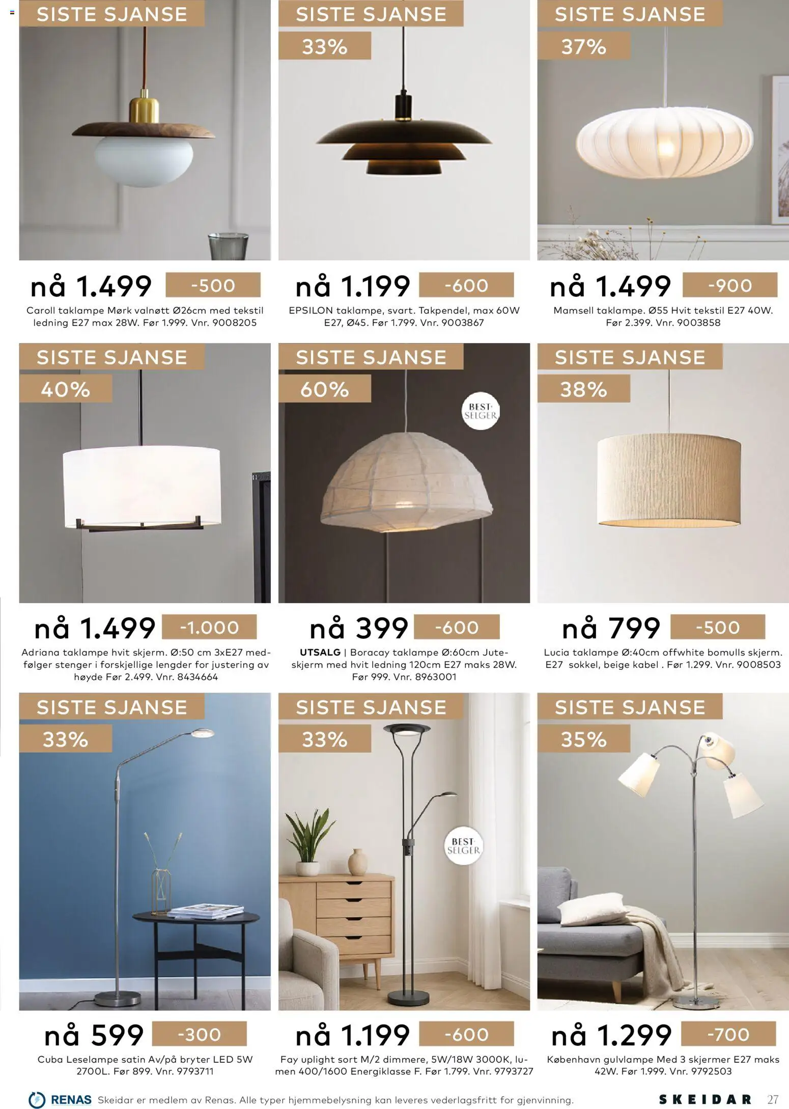 {H1} | Side: 27 | Produkter: Taklampe, Ledning, Skjerm