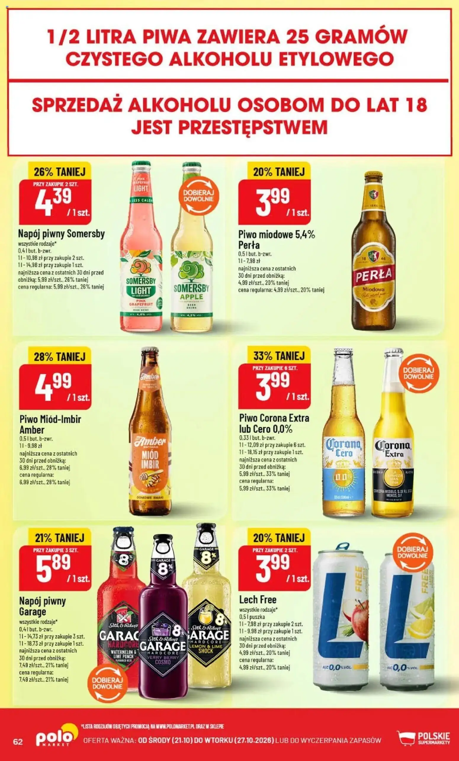 Nowa POLOmarket gazetka od jutra 21.10.2026 | Strona: 62 | Produkty: Imbir, Miód, Piwo Corona, Somersby