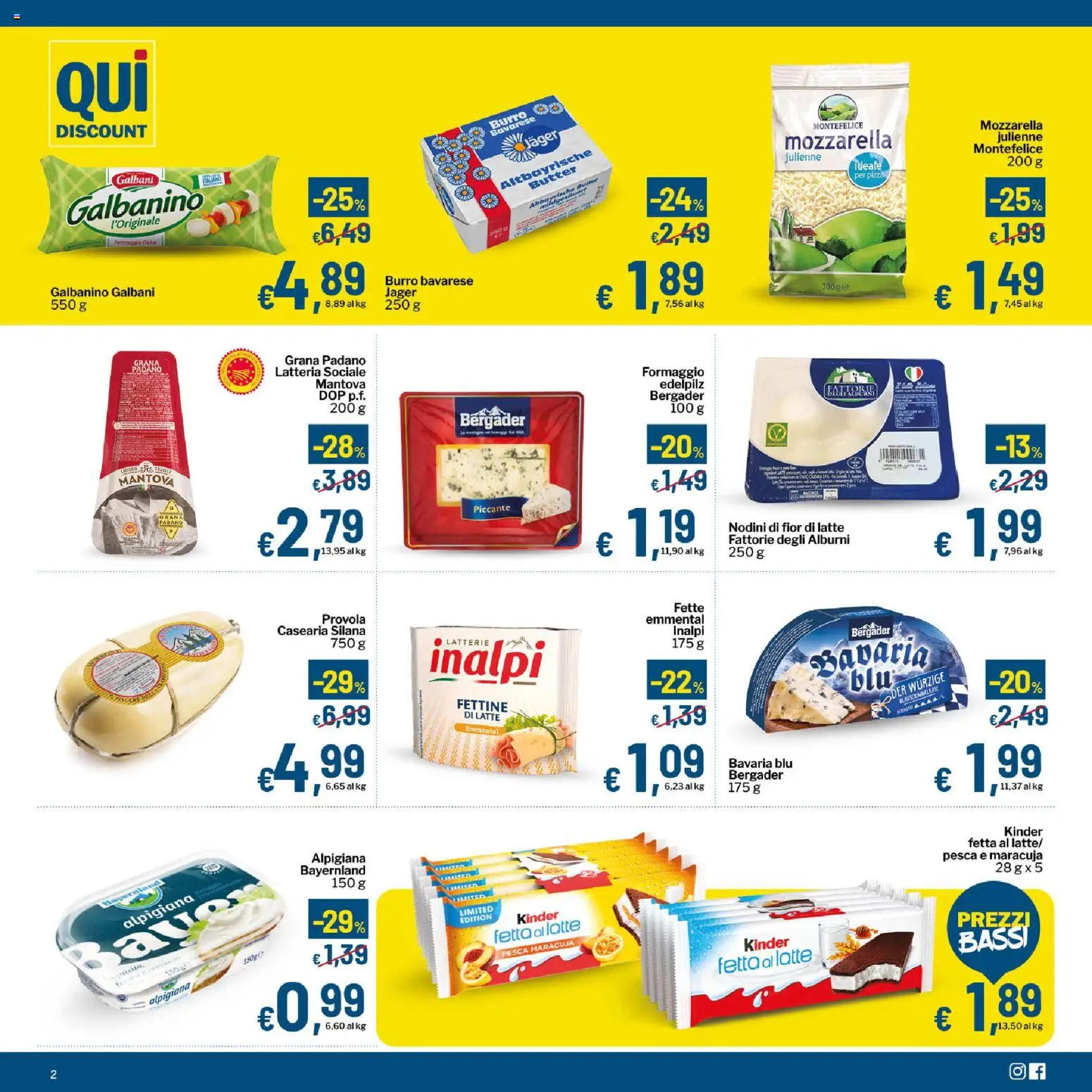 Volantino Qui Discount del 02.06.2026 | Pagina: 2 | Prodotti: Latte, Formaggio, Grana Padano, Emmental